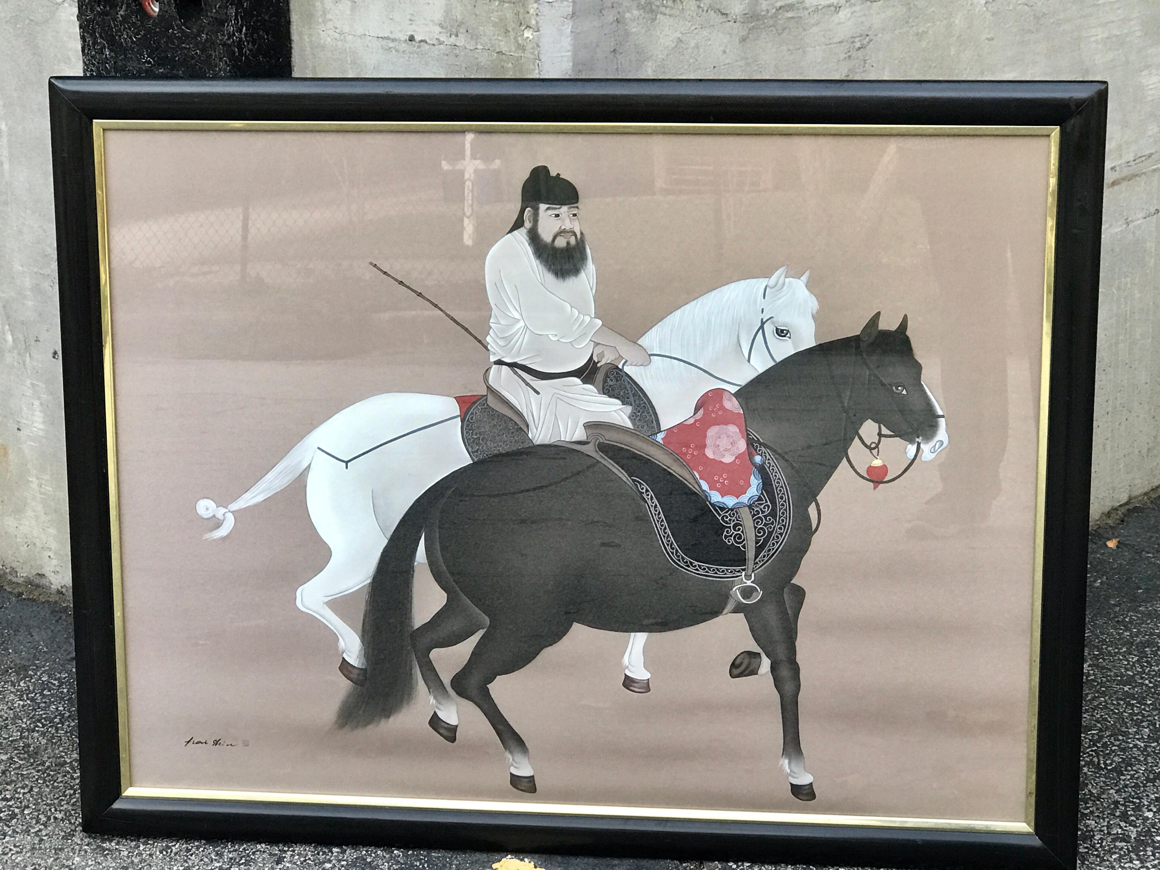 Chinese horseman painting, signed Hai Shin with seal mark. Exquisitely detailed in a vintage black lacquered frame 
Work 39