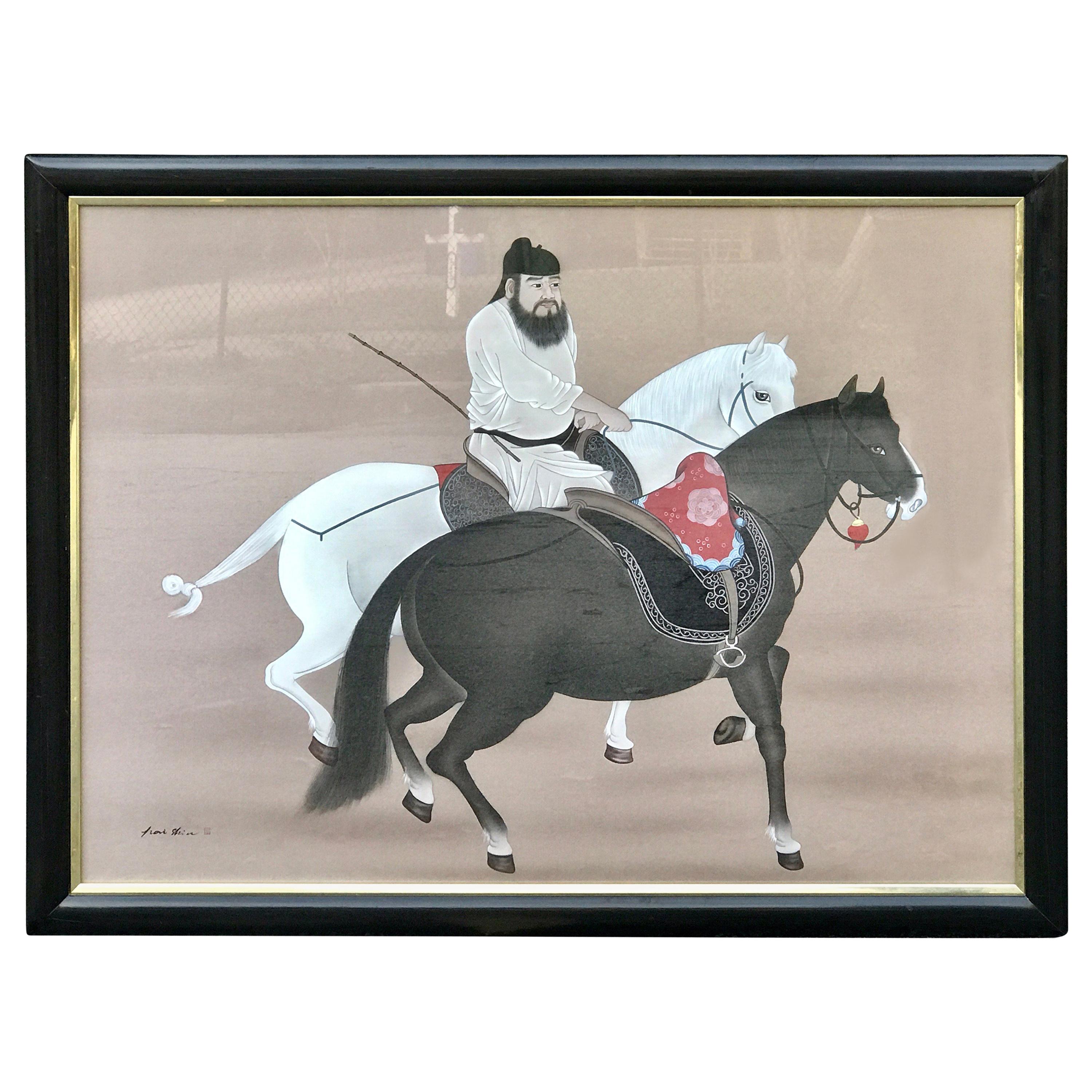 Chinese Horseman Painting, Signed Hai Shin For Sale