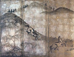 Chinese Horses - Japanese Folding Screen Silver Leaf