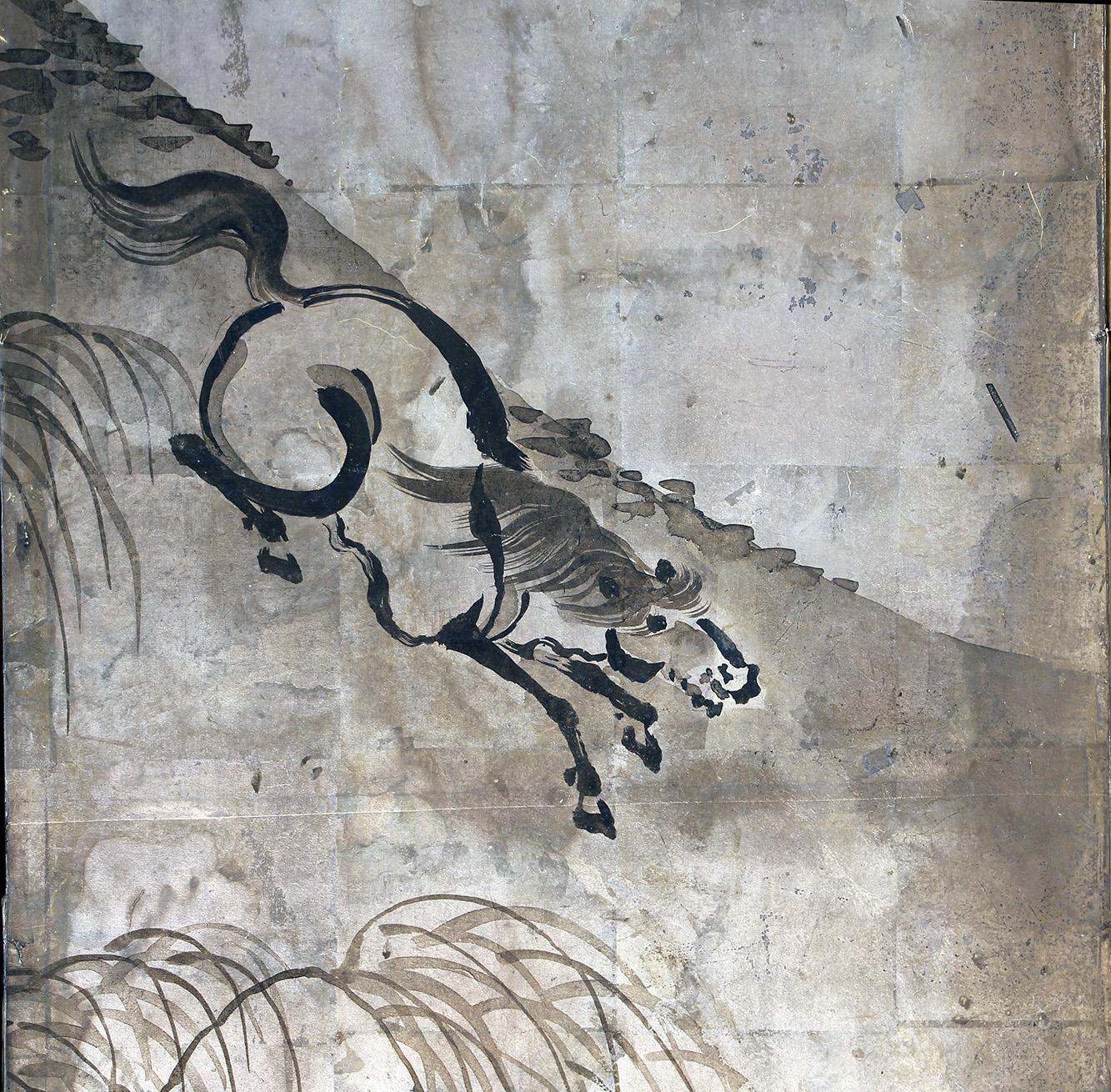 Caballos chinos - Biombo japonés Hoja de plata Taisho en venta