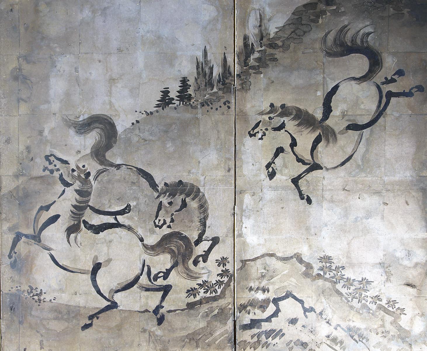 Caballos chinos - Biombo japonés Hoja de plata Japonés en venta