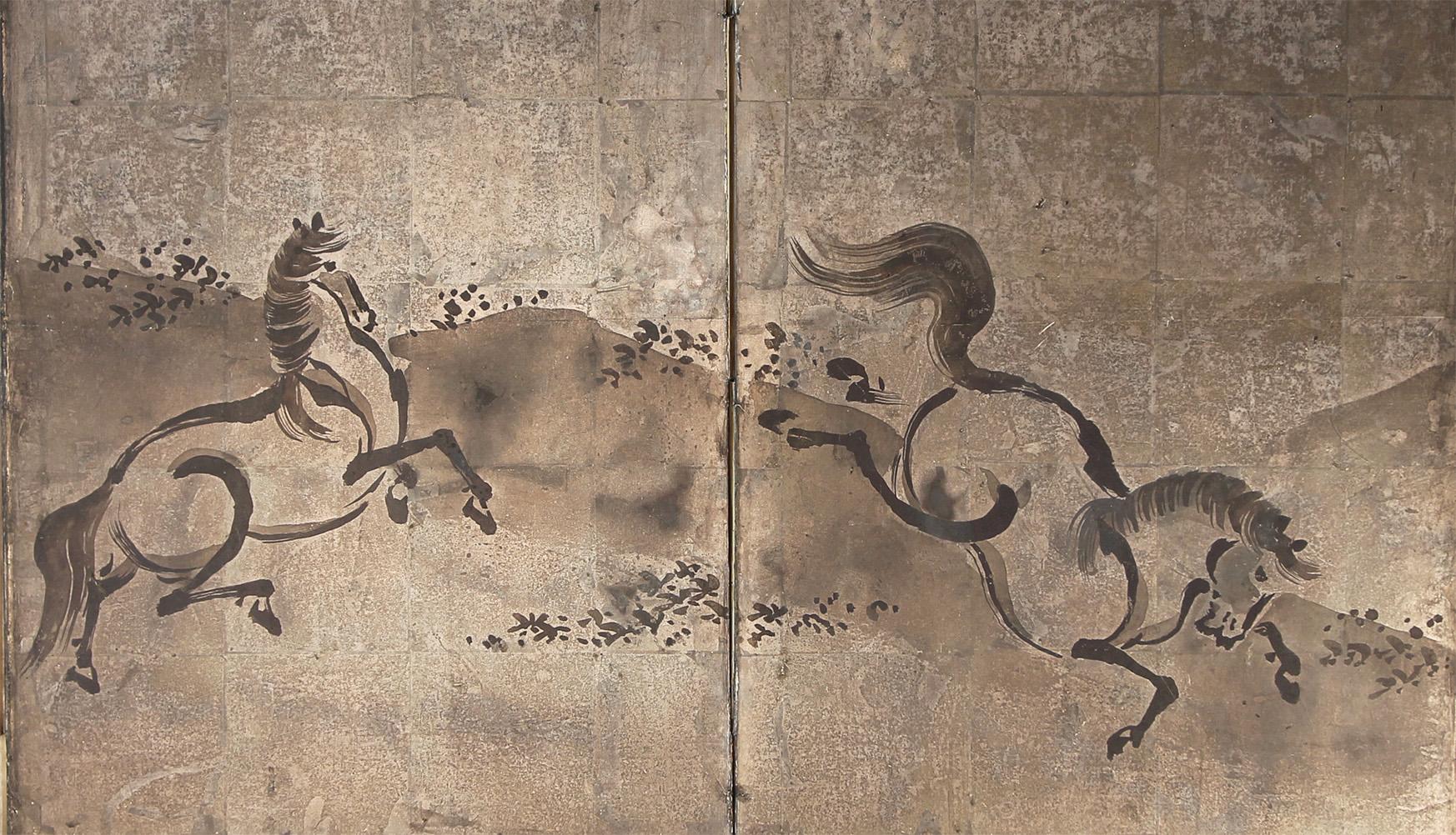 Caballos chinos - Biombo japonés Hoja de plata Pintado a mano en venta