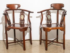 Chinese Huanghuali & Marble Corner Chairs, Pair