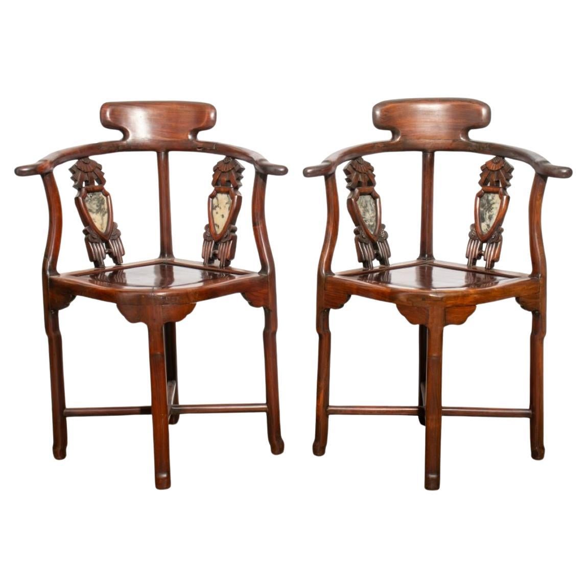Chinese Huanghuali & Marble Corner Chairs, Pair For Sale