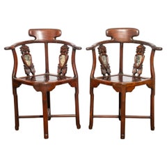 Antique Chinese Huanghuali & Marble Corner Chairs, Pair