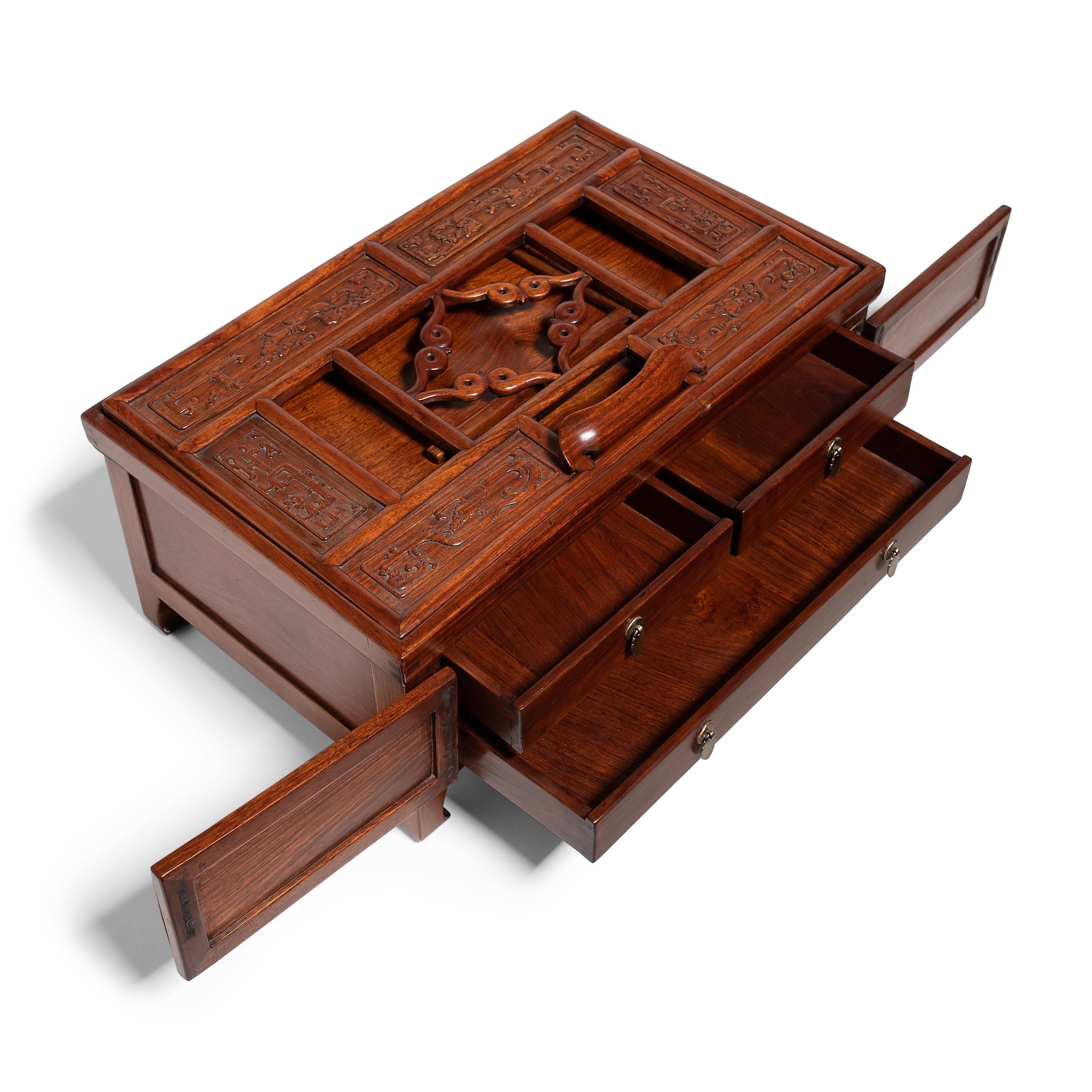 Hardwood Chinese Huanghuali Mirror Stand with Cosmetics Case, c. 1850