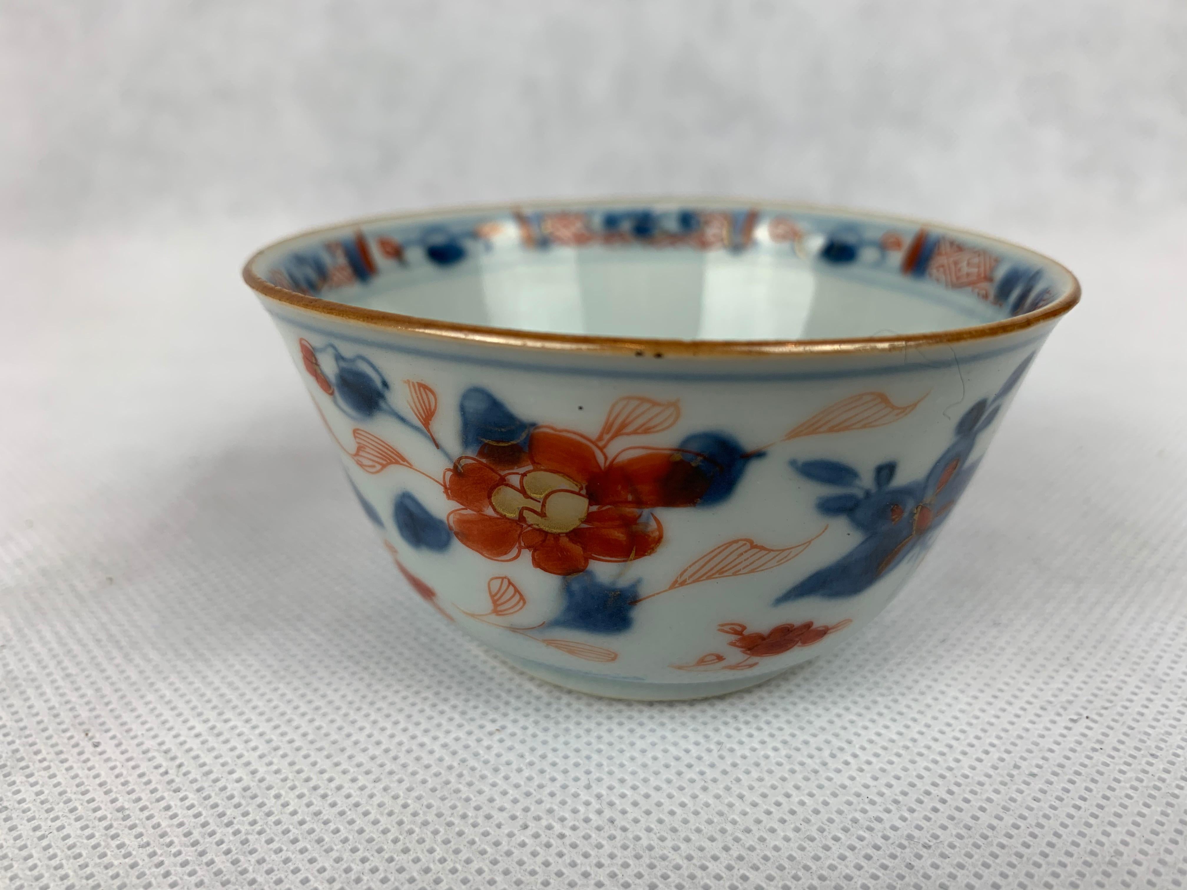 Enamel Chinese Export Porcelain Handleless Tea Bowl and Saucer, Chinese Imari Pattern For Sale