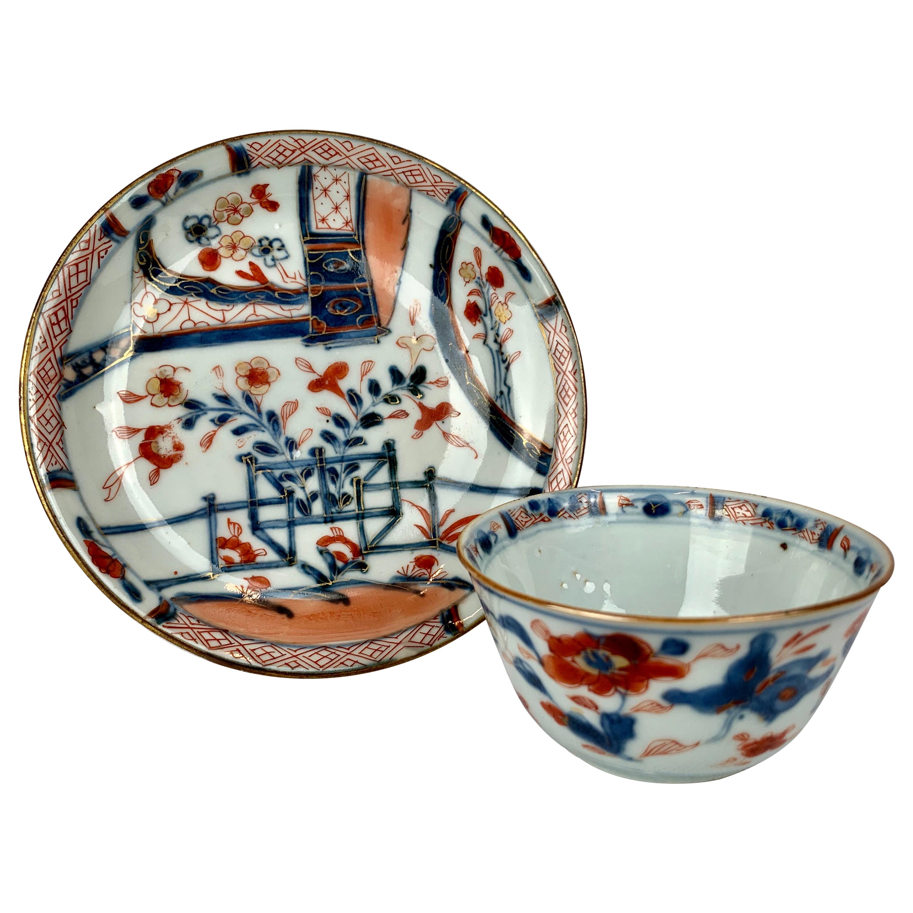 Chinese Imari Pattern Handleless Tea Bowl and Saucer-Chinese Export Porcelain 