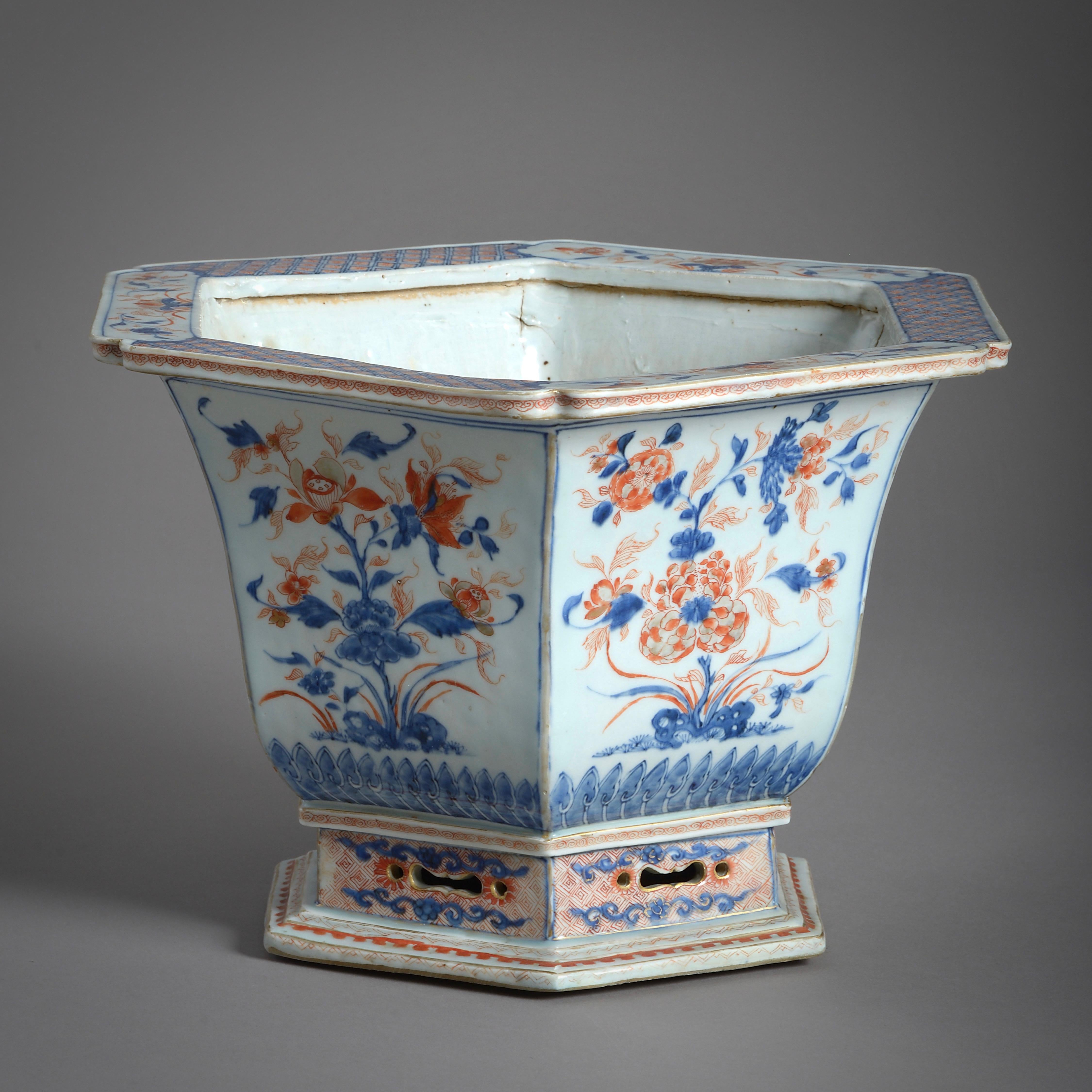 A Chien-Lung Chinese Imari hexagonal jardinière painted with flowering shrubs, 18th century.