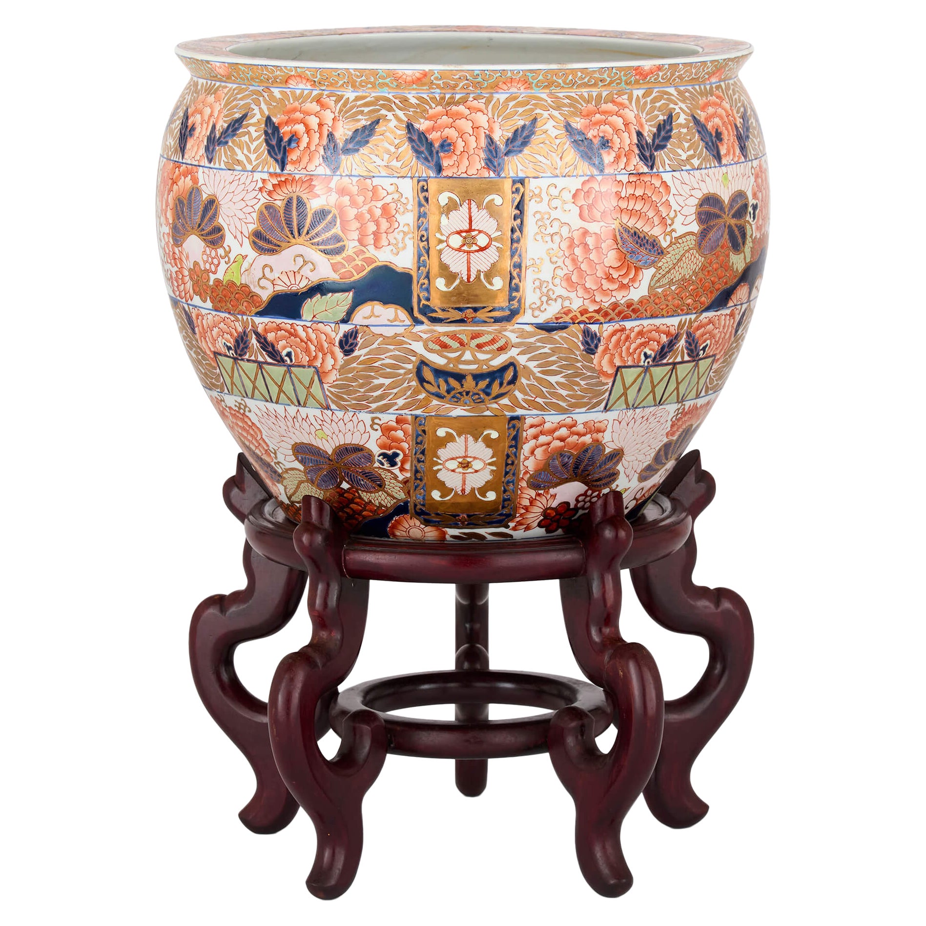Chinese Imari Porcelain Jardinière Planted Wooden Stand For Sale