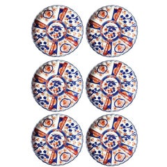 Vintage Chinese Imari Porcelain Kangxi Plates set of 6 in blue and orange signed