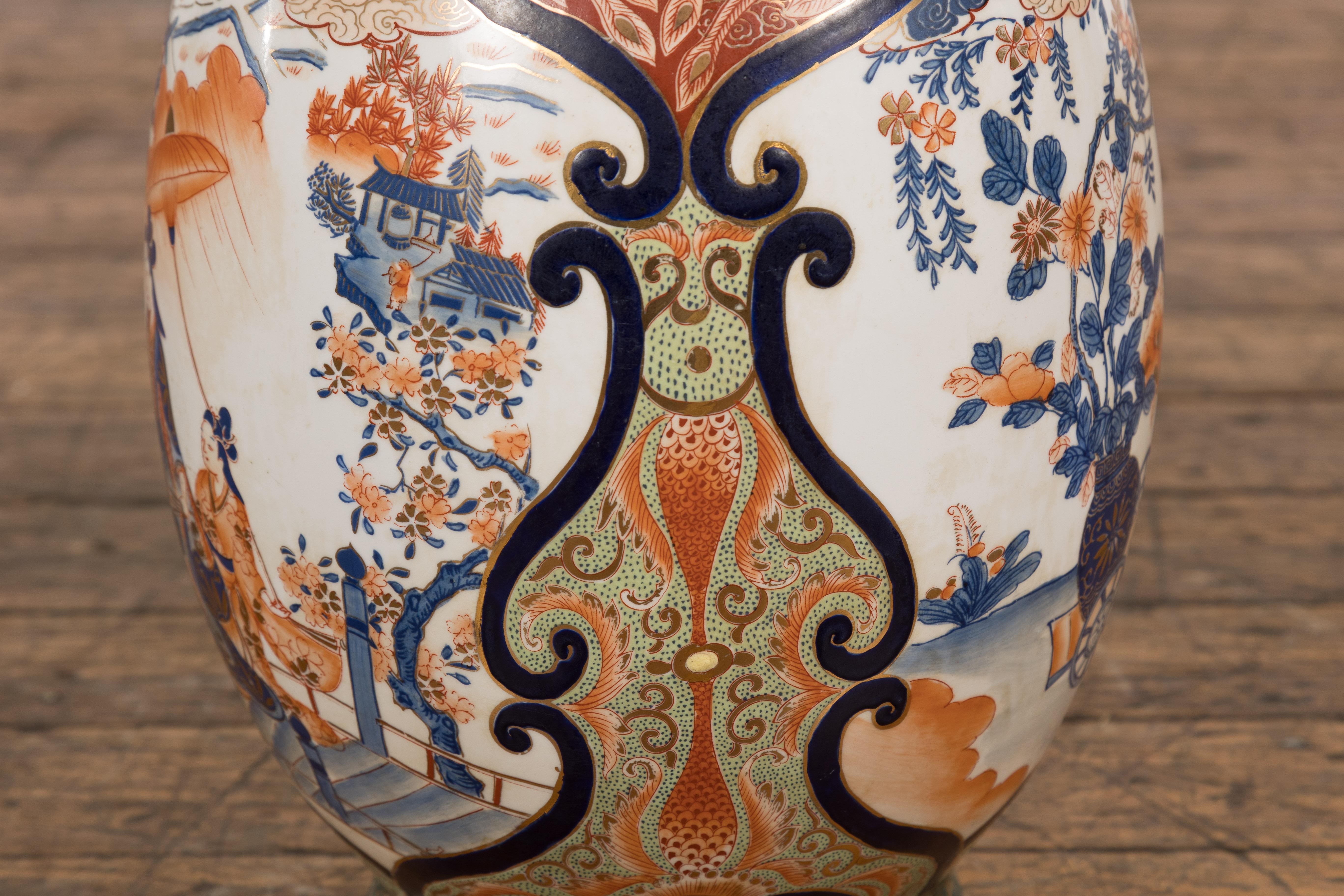 Chinese Imari Style Porcelain Altar Vase with Orange, Blue and Green Décor For Sale 12