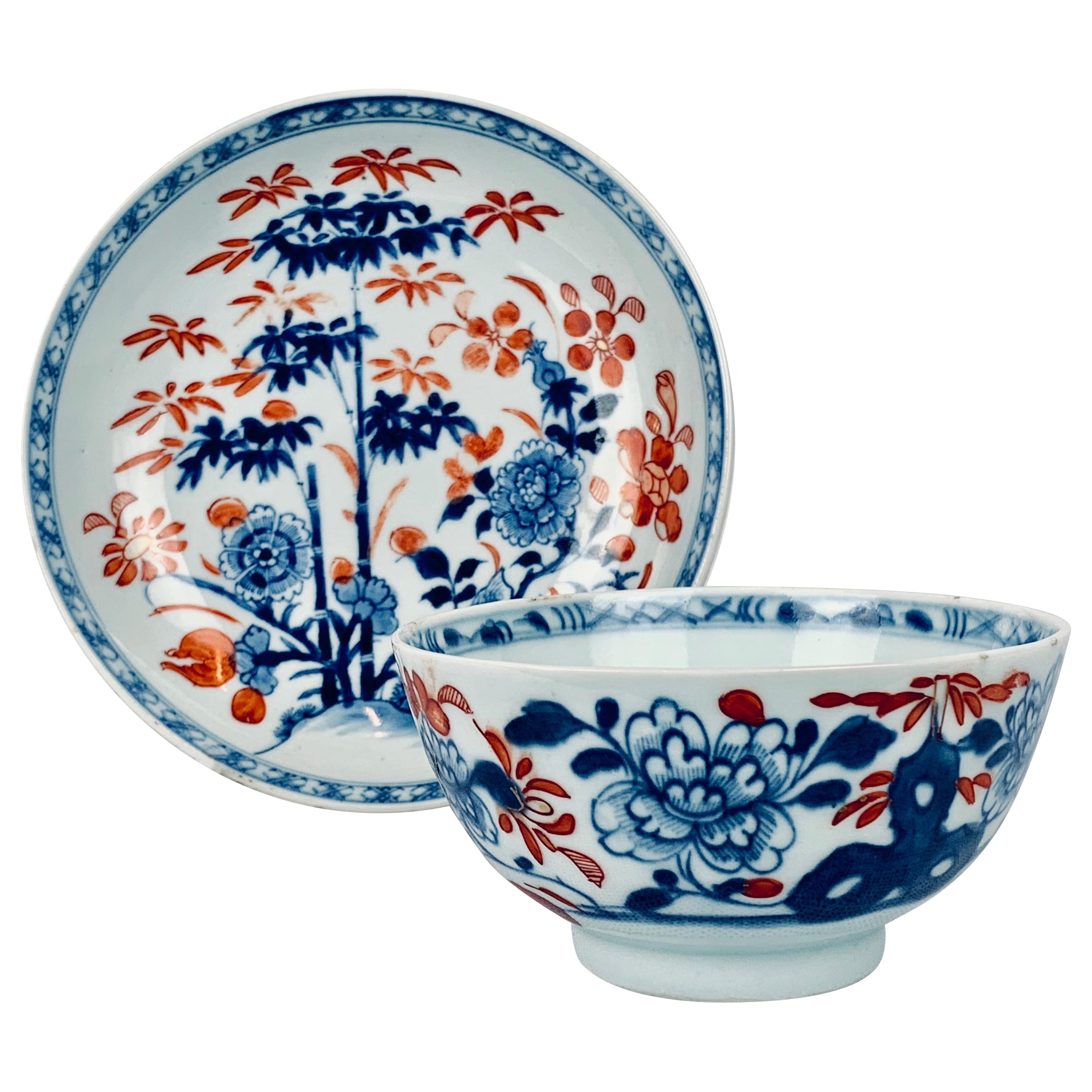 Export Porcelain Handless Tea Bowl and Saucer in the Chinese Imari Pattern
