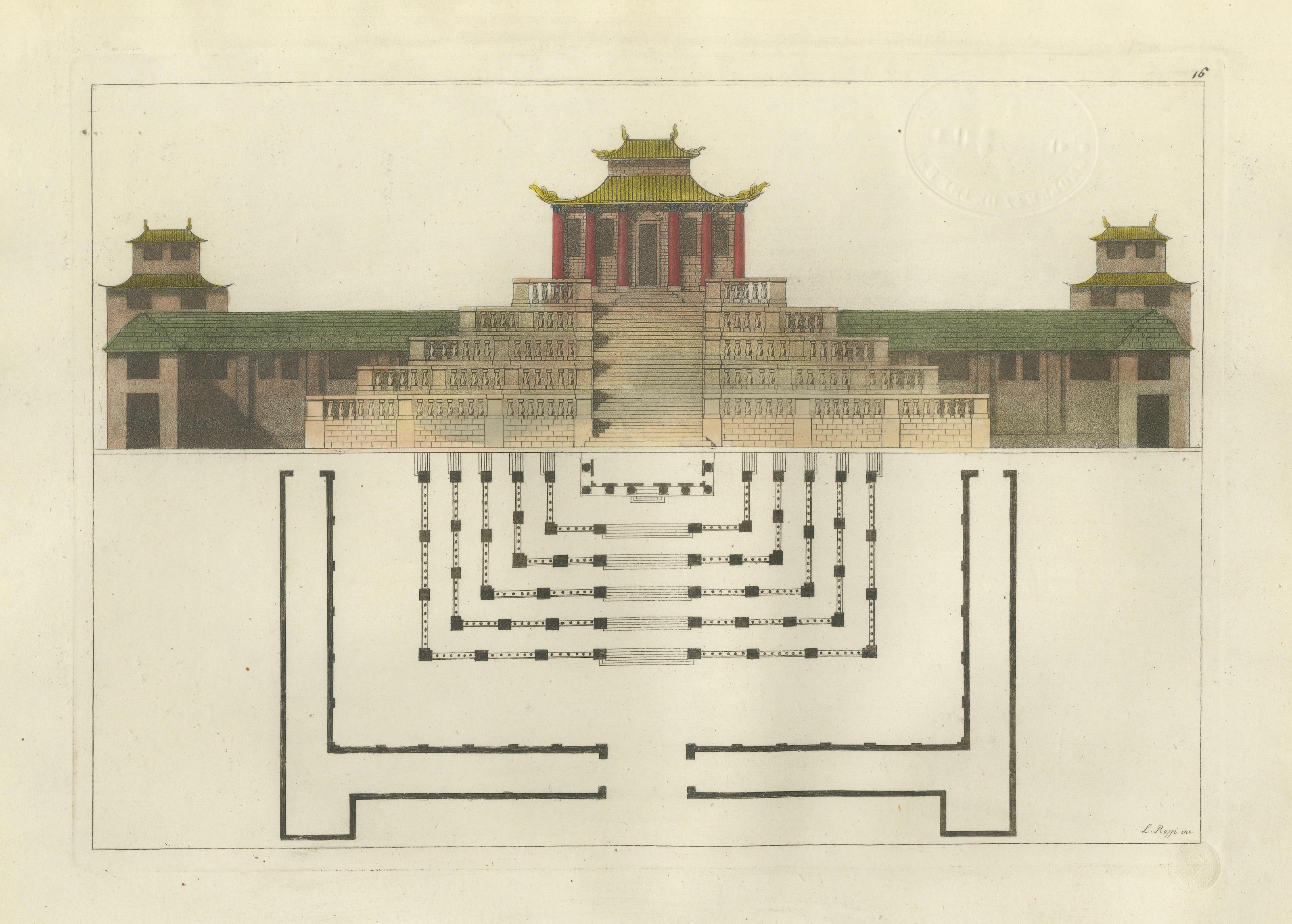 Chinese Imperial Palace Elevation and Plan, Antique Architecture Print, 1815