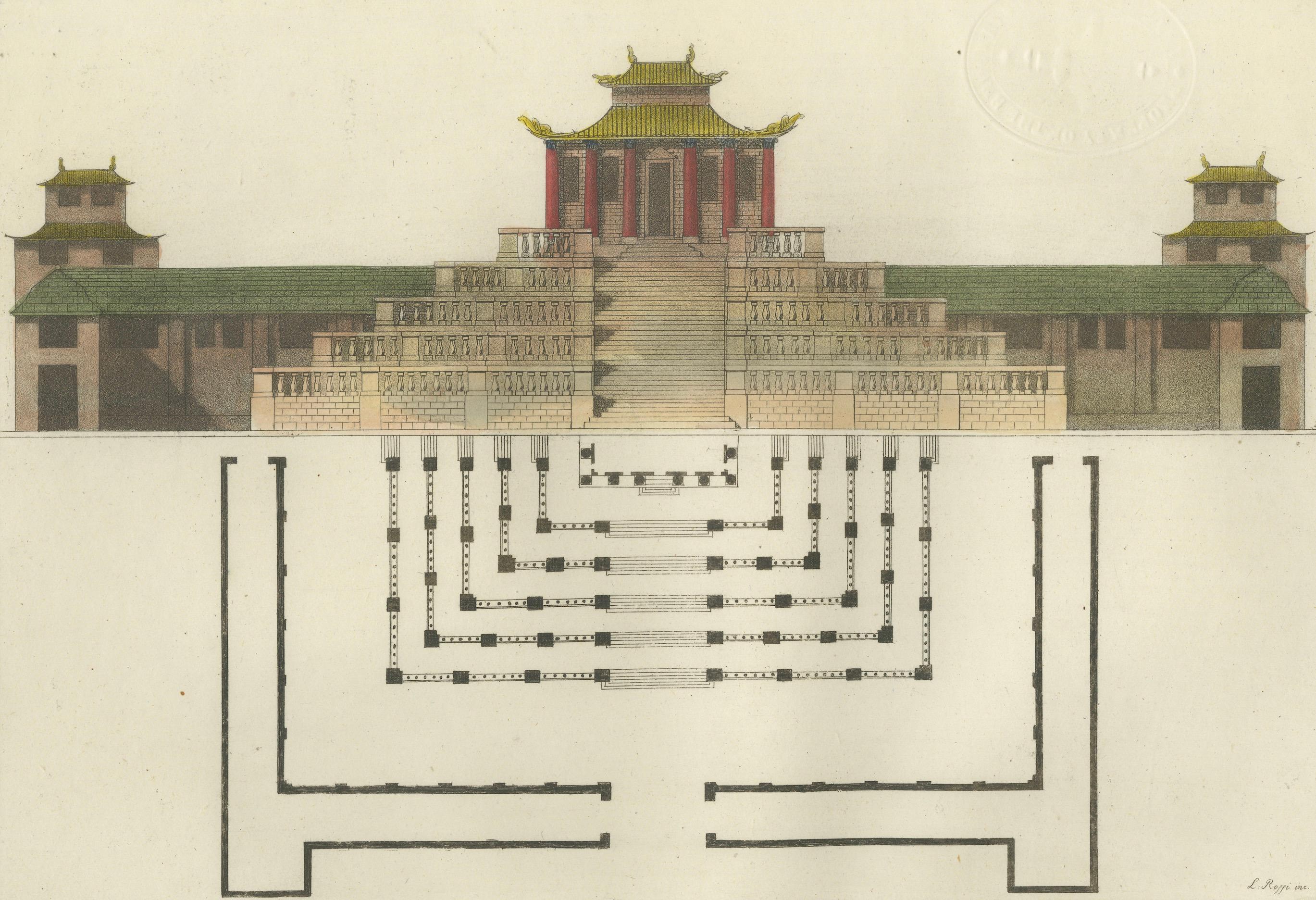 Chinese Imperial Palace Elevation and Plan, Antique Architecture Print, 1815