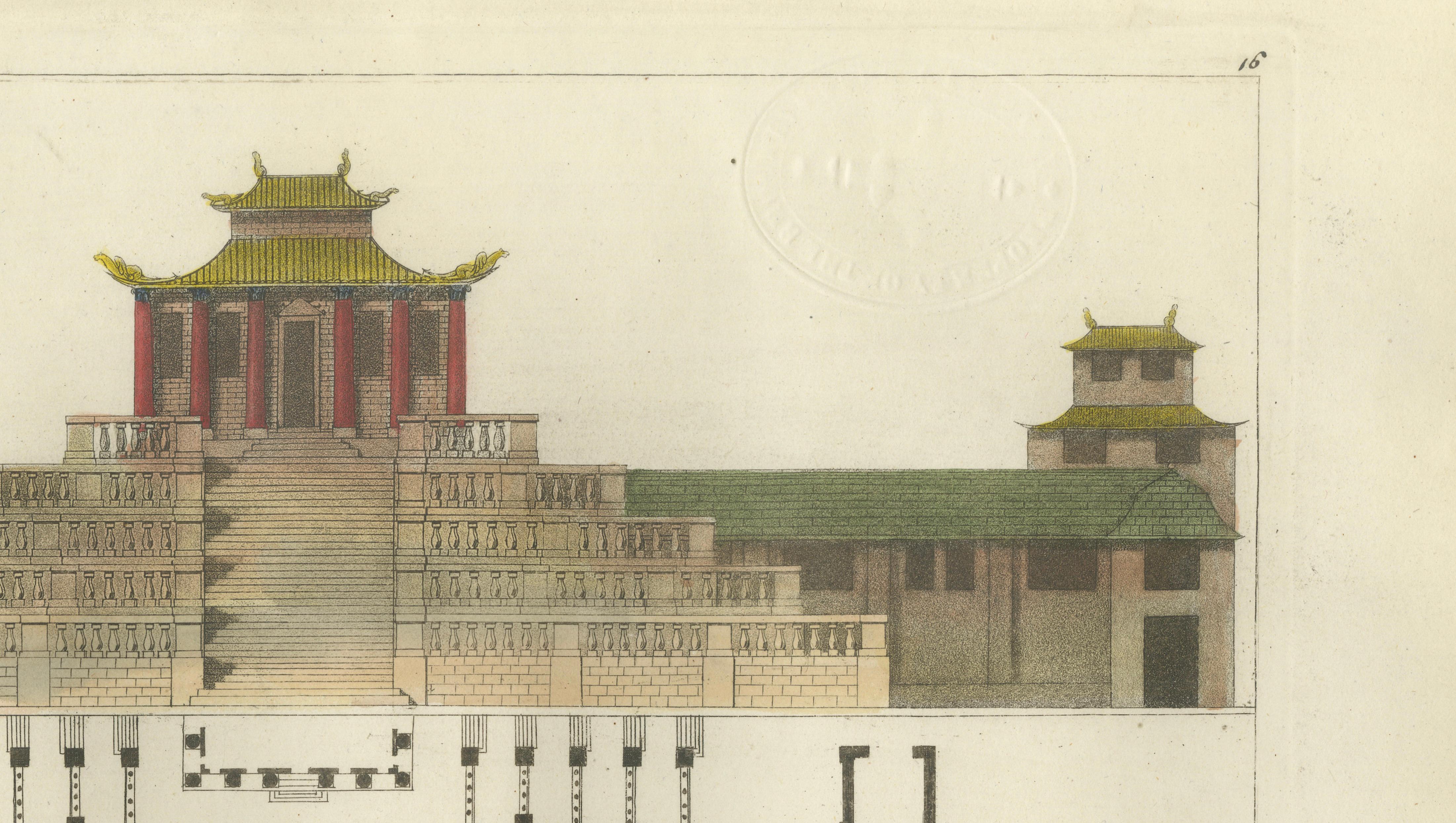 Chinese Imperial Palace Elevation and Plan, Antique Architecture Print, 1815