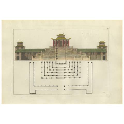 Chinese Imperial Palace Elevation and Plan, Antique Architecture Print, 1815
