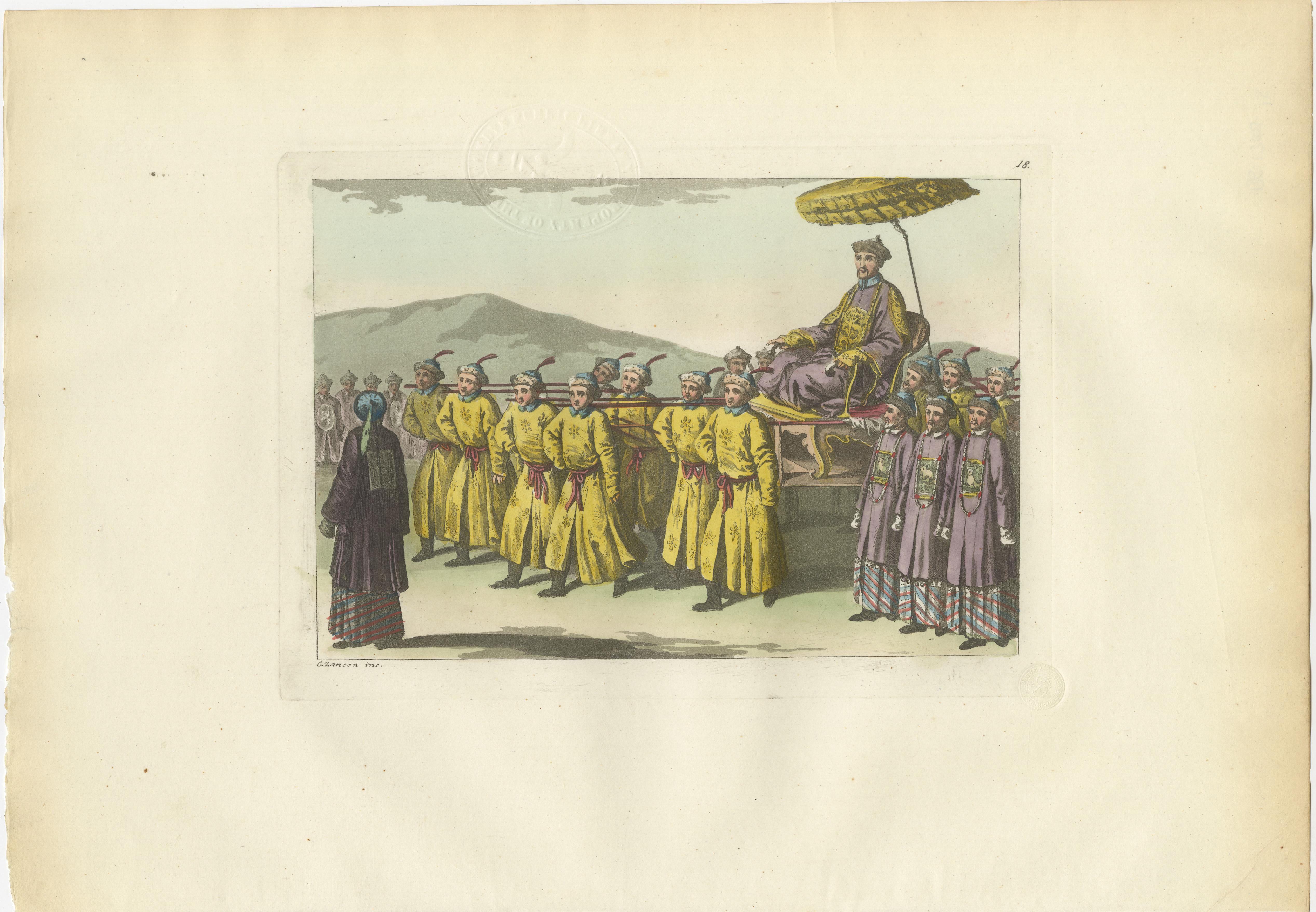 Chinese Imperial Procession & Military Parade, Antique Hand-Colored Prints, 1815