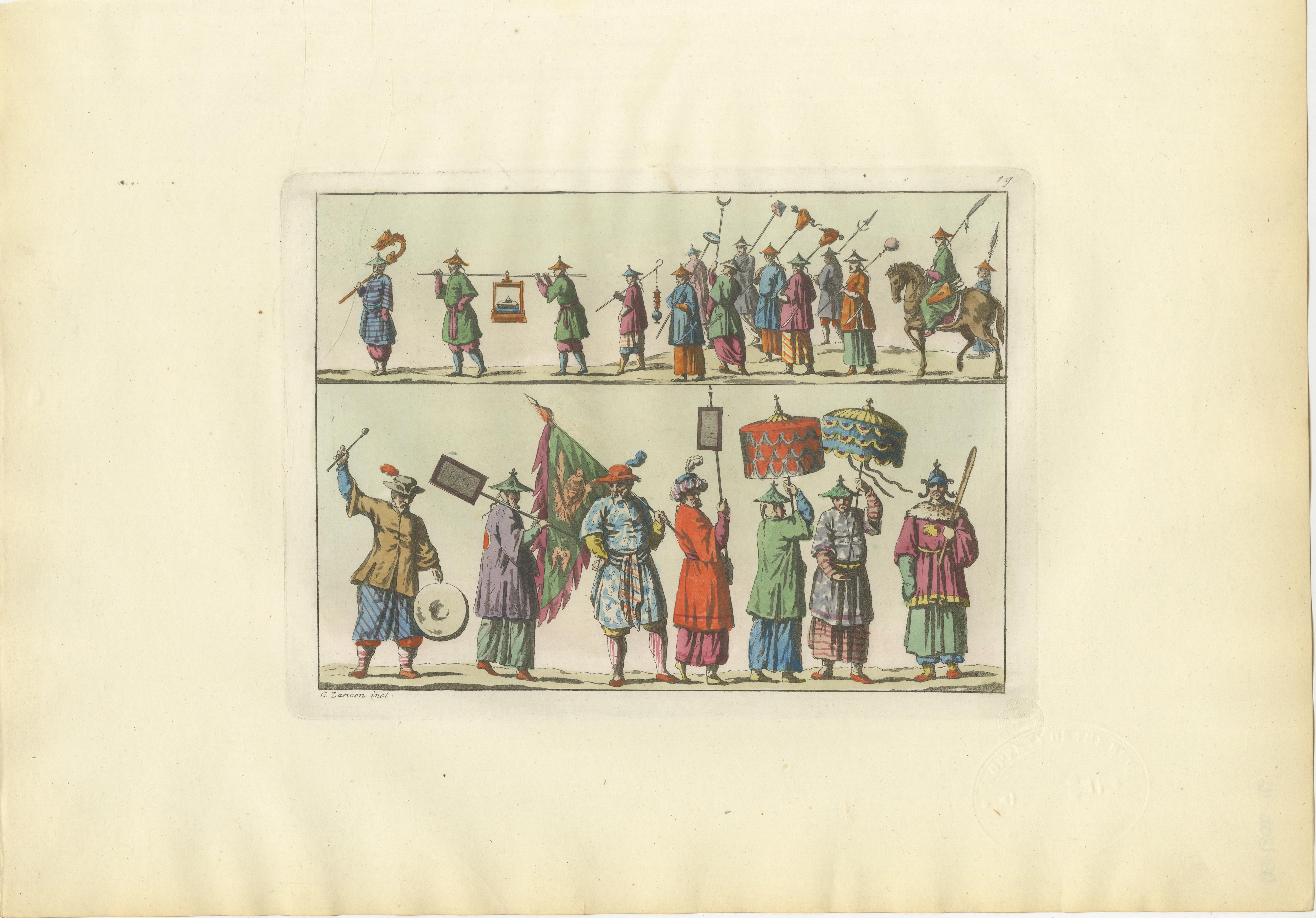 Chinese Imperial Procession & Military Parade, Antique Hand-Colored Prints, 1815