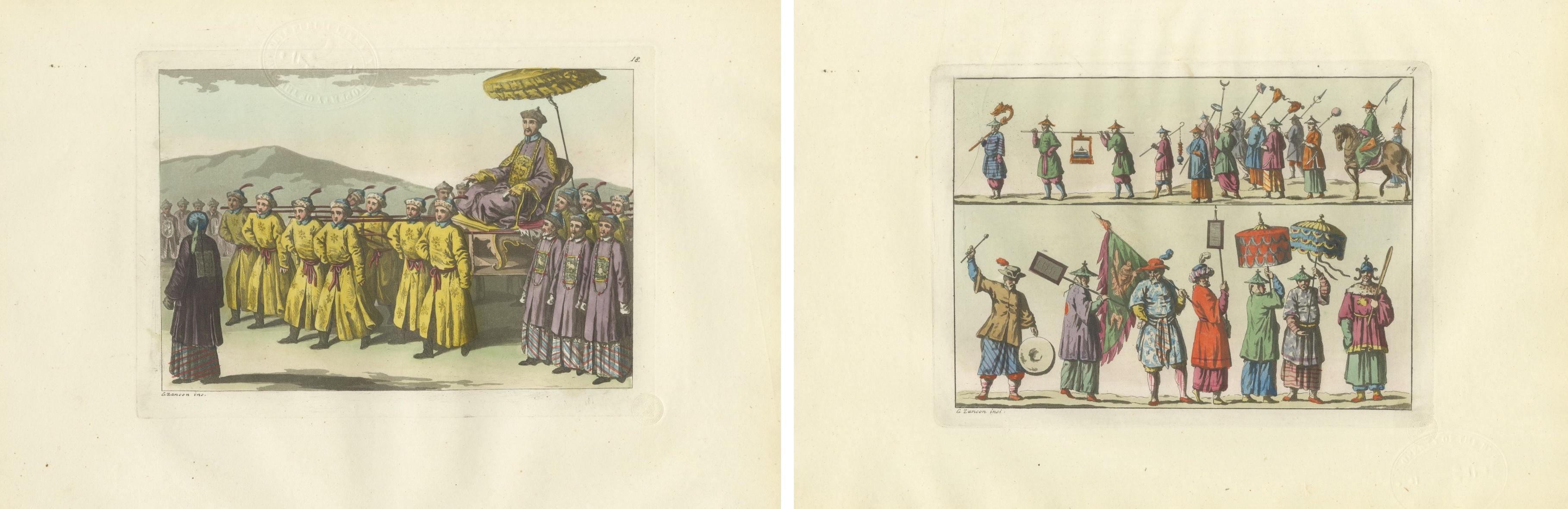 Chinese Imperial Procession & Military Parade, Antique Hand-Colored Prints, 1815