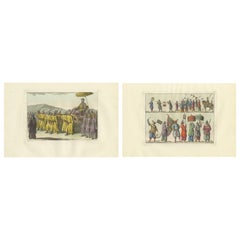 Chinese Imperial Procession & Military Parade, Antique Hand-Colored Prints, 1815