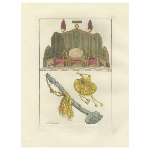 Chinese Imperial Throne and Ceremonial Regalia, Antique Hand-Colored Print, 1815