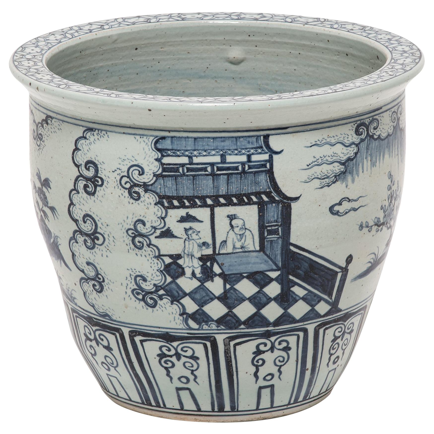 Vaso cinese con rotoli bianchi e blu indaco