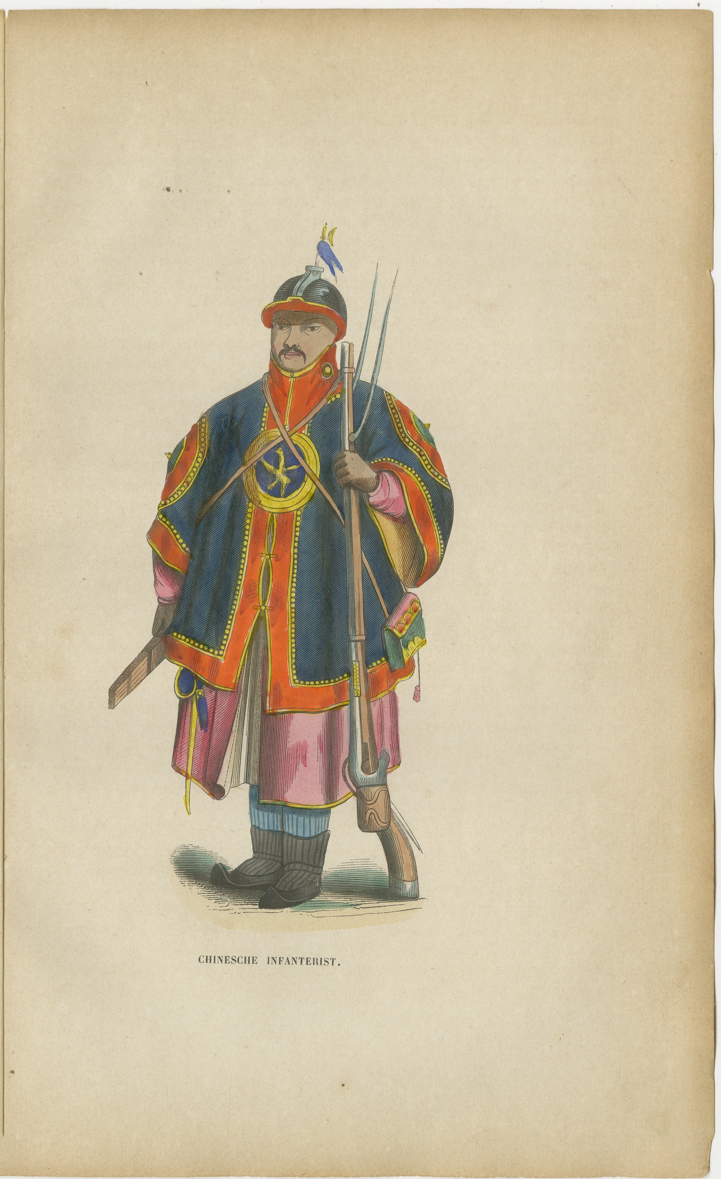 Chinese Infantry Soldier Costume Print, Hand-Colored Military Plate, 1854