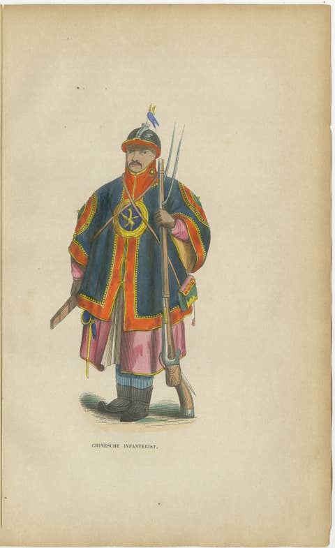 Chinese Infantry Soldier Costume Print, Hand-Colored Military Plate, 1854