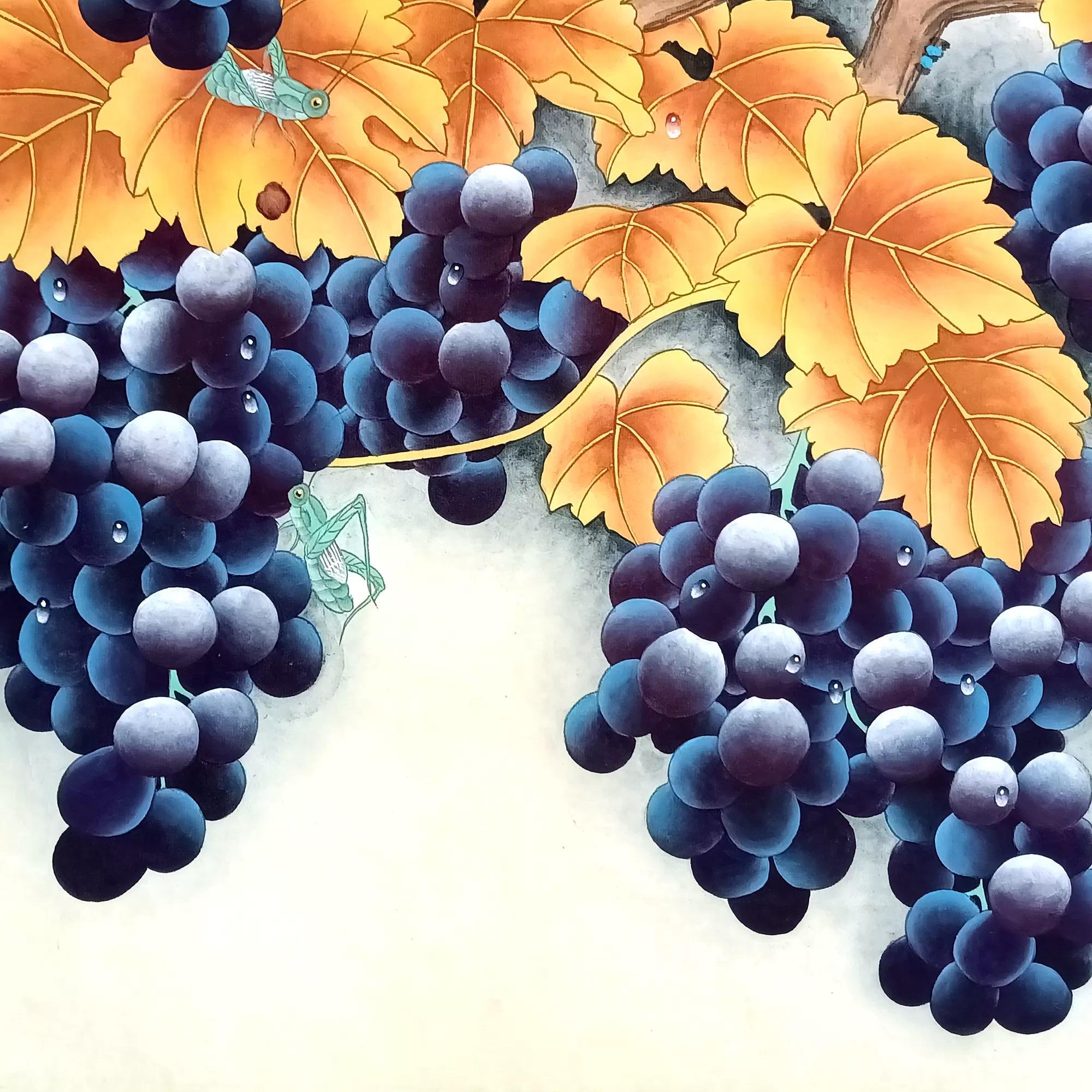 Chinese Ink Art Hand Brush Painting Grapes on Paper (21. Jahrhundert und zeitgenössisch) im Angebot