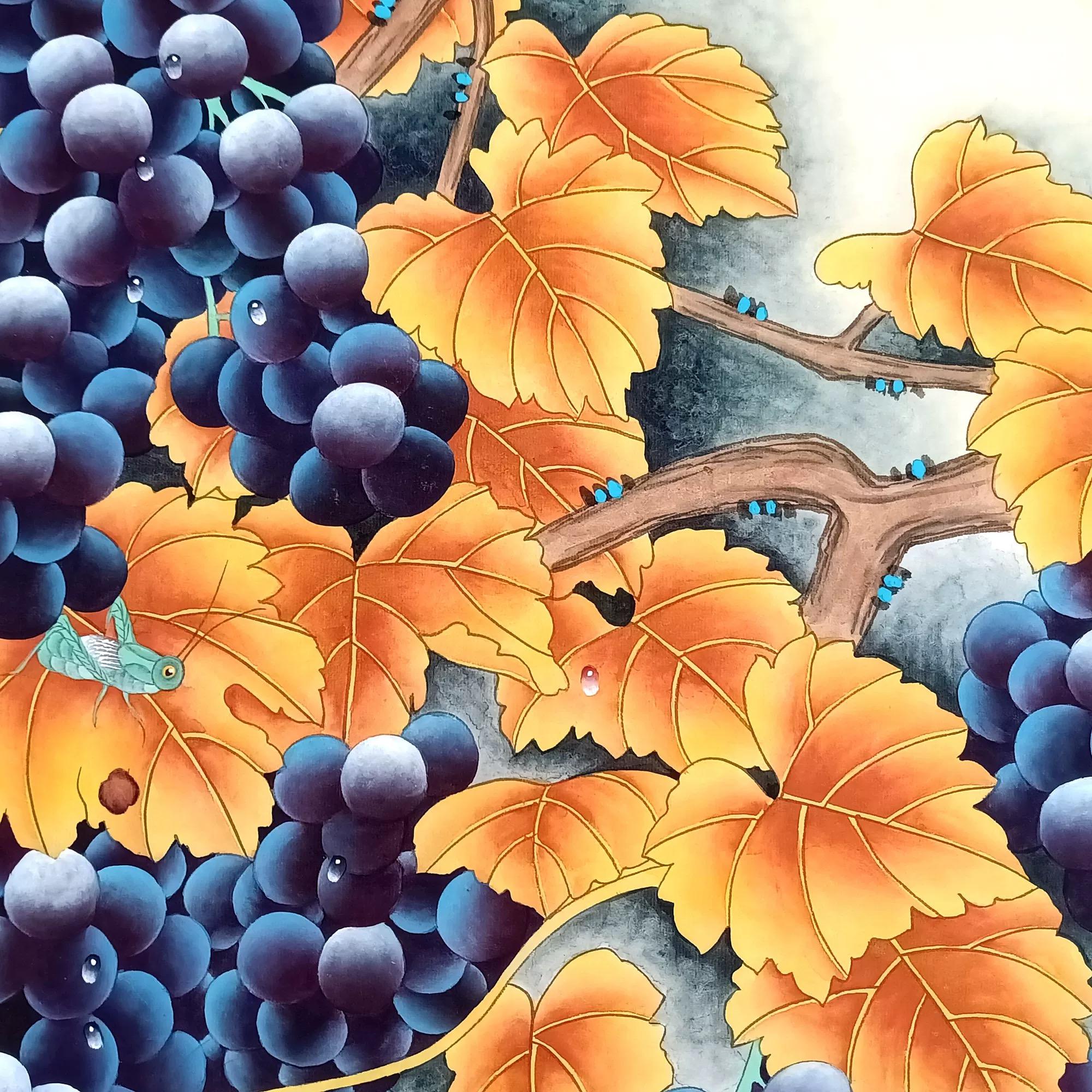 Chinese Ink Art Hand Brush Painting Grapes on Paper (Papier) im Angebot