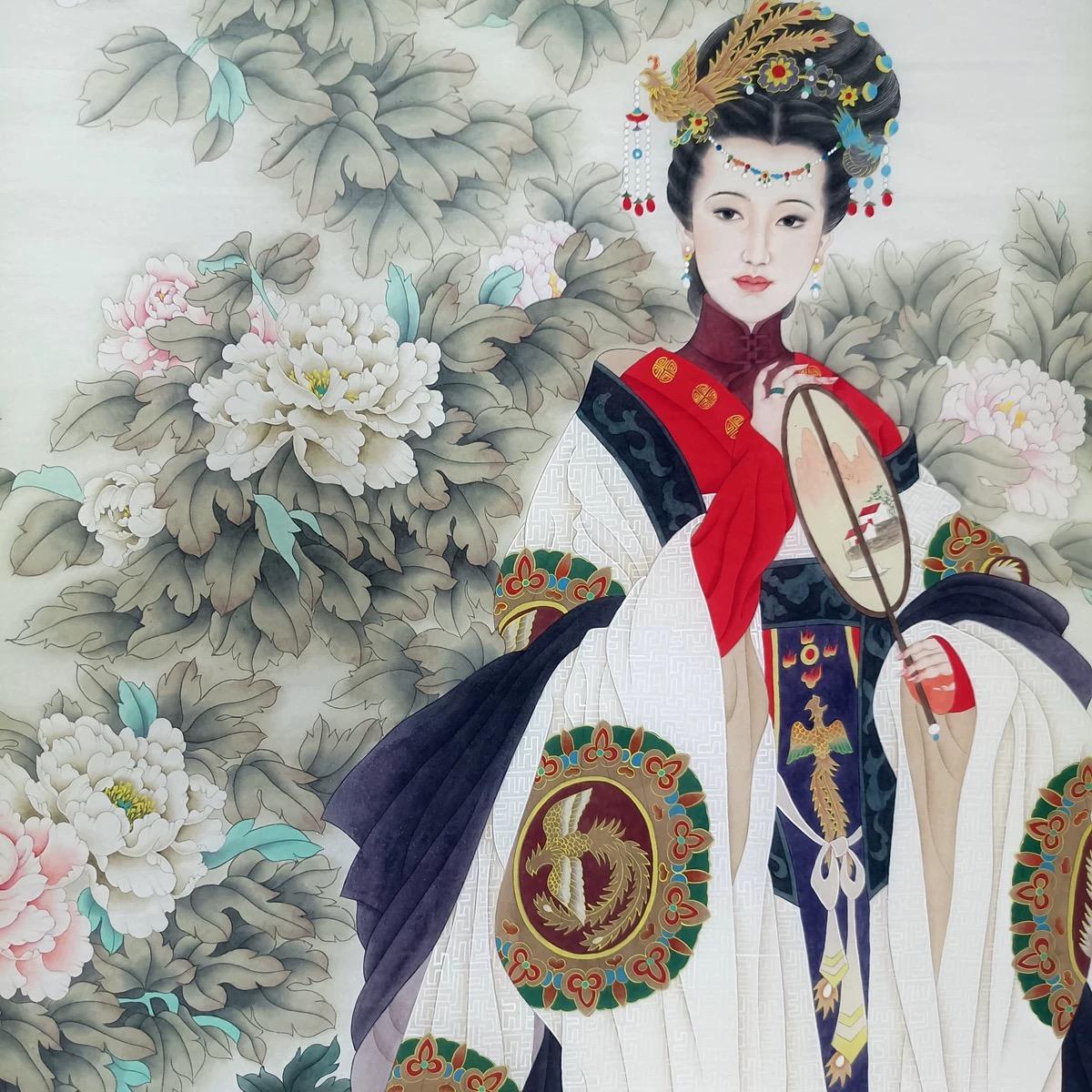 Chinesische Tinte Handpainting Schönheit Blumen Platz Papiermalerei im Zustand „Relativ gut“ im Angebot in 景德镇市, CN