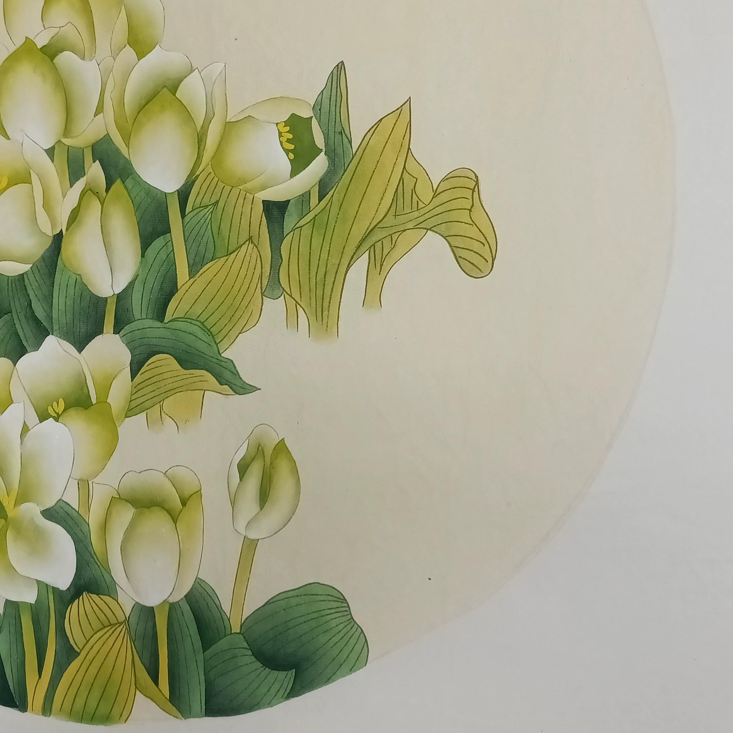 Chinesische Tinte Handpainting Blumen Runde Papier Malerei im Angebot 1