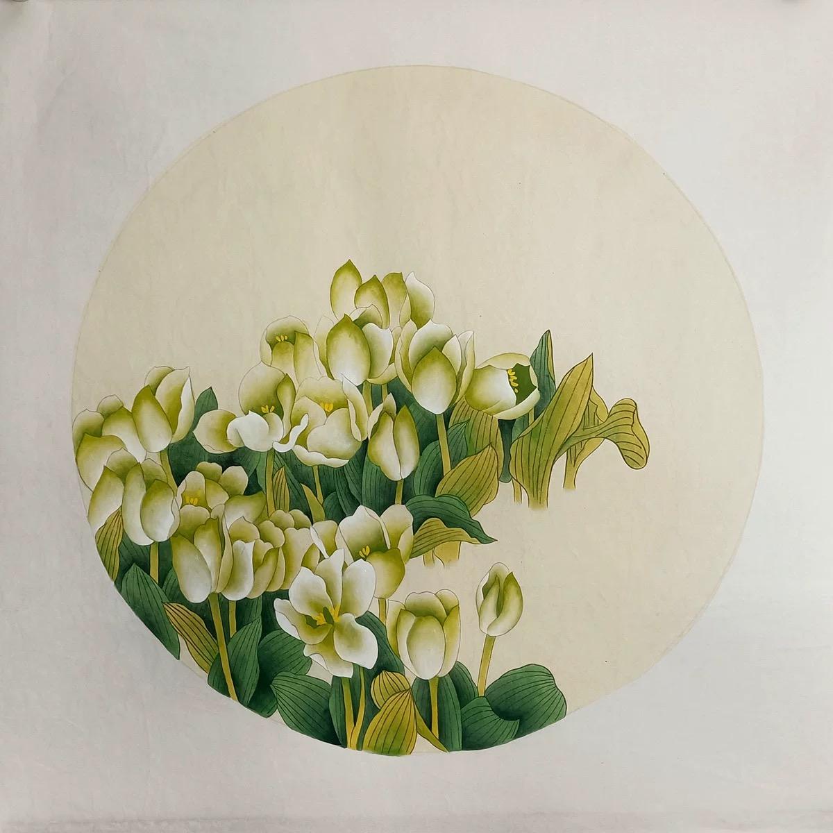 Chinesische Tinte Handpainting Blumen Runde Papier Malerei im Angebot 3