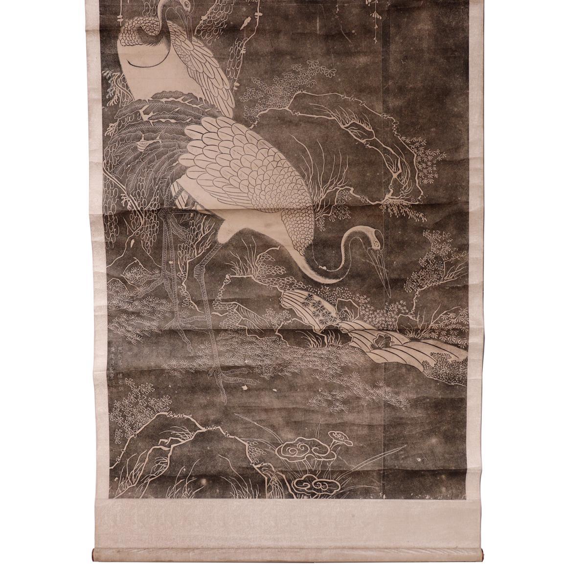 Qing Chinese ink rubbing of cranes, mounted as a scroll. For Sale