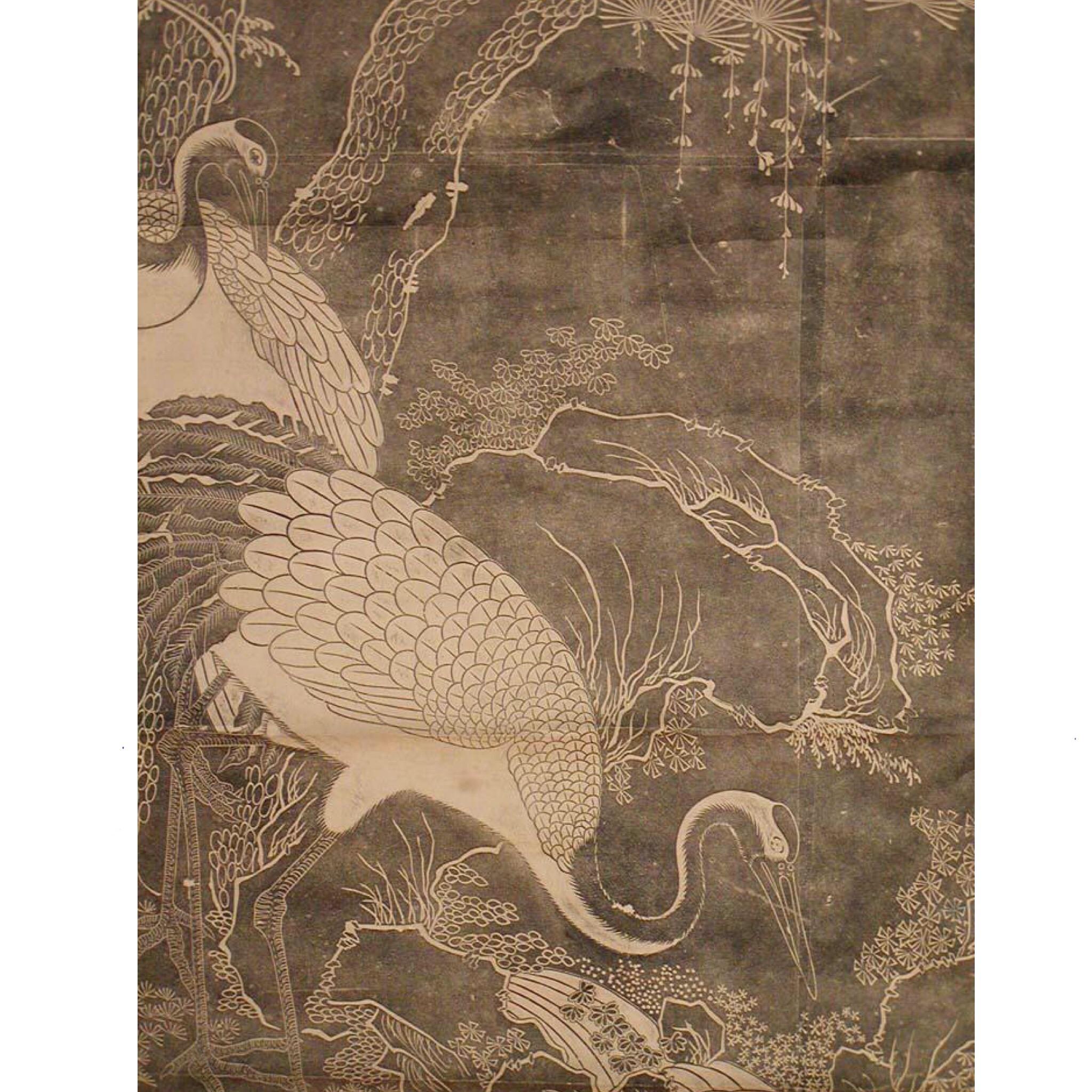 19th Century Chinese ink rubbing of cranes, mounted as a scroll. For Sale