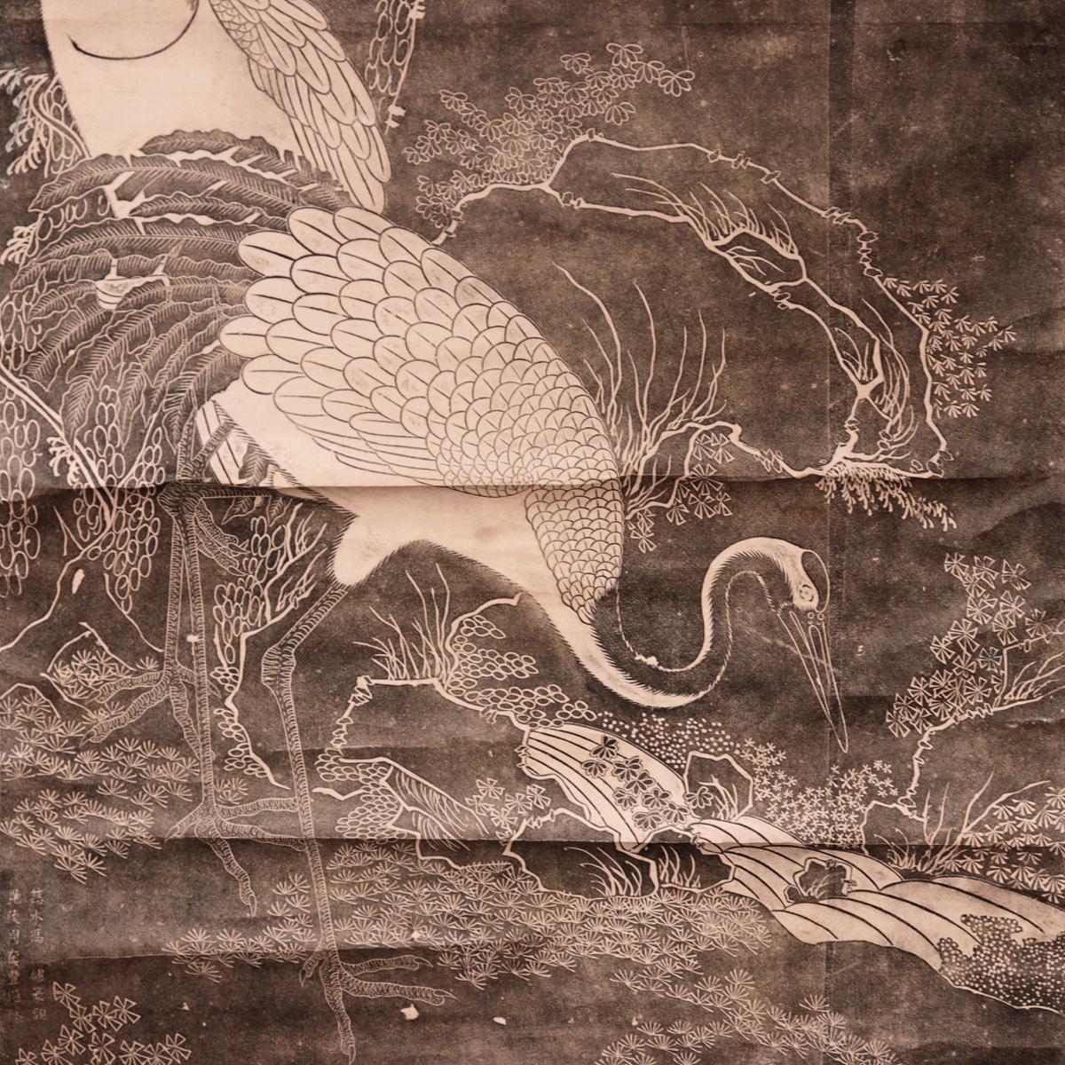 Paper Chinese ink rubbing of cranes, mounted as a scroll. For Sale