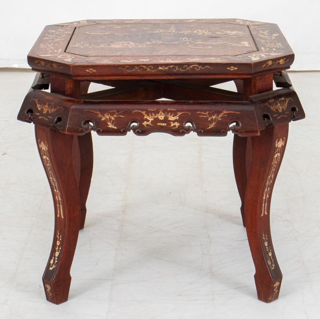 Chinese Inlaid Hardwood Octagonal Side Table with figural and animal decoration to top and reticulated frieze, on four legs with x form support, 19th century. 