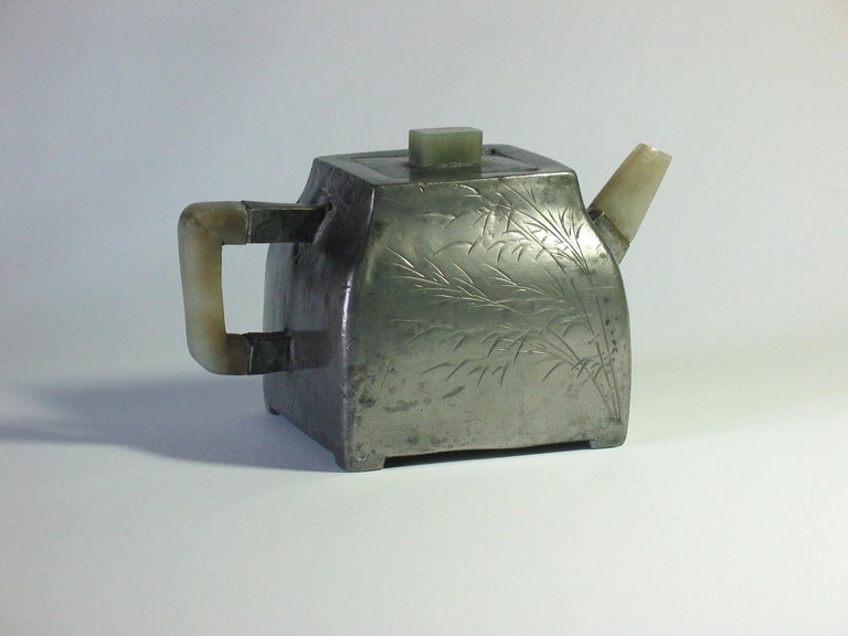 Chinese Inscribed Pewter Encased Yixing Stoneware Teapot, Qing Dynasty