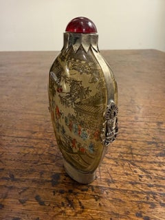 Chinese Inside-painted Glass Snuff bottle with Silver Metal, Early 20th Century