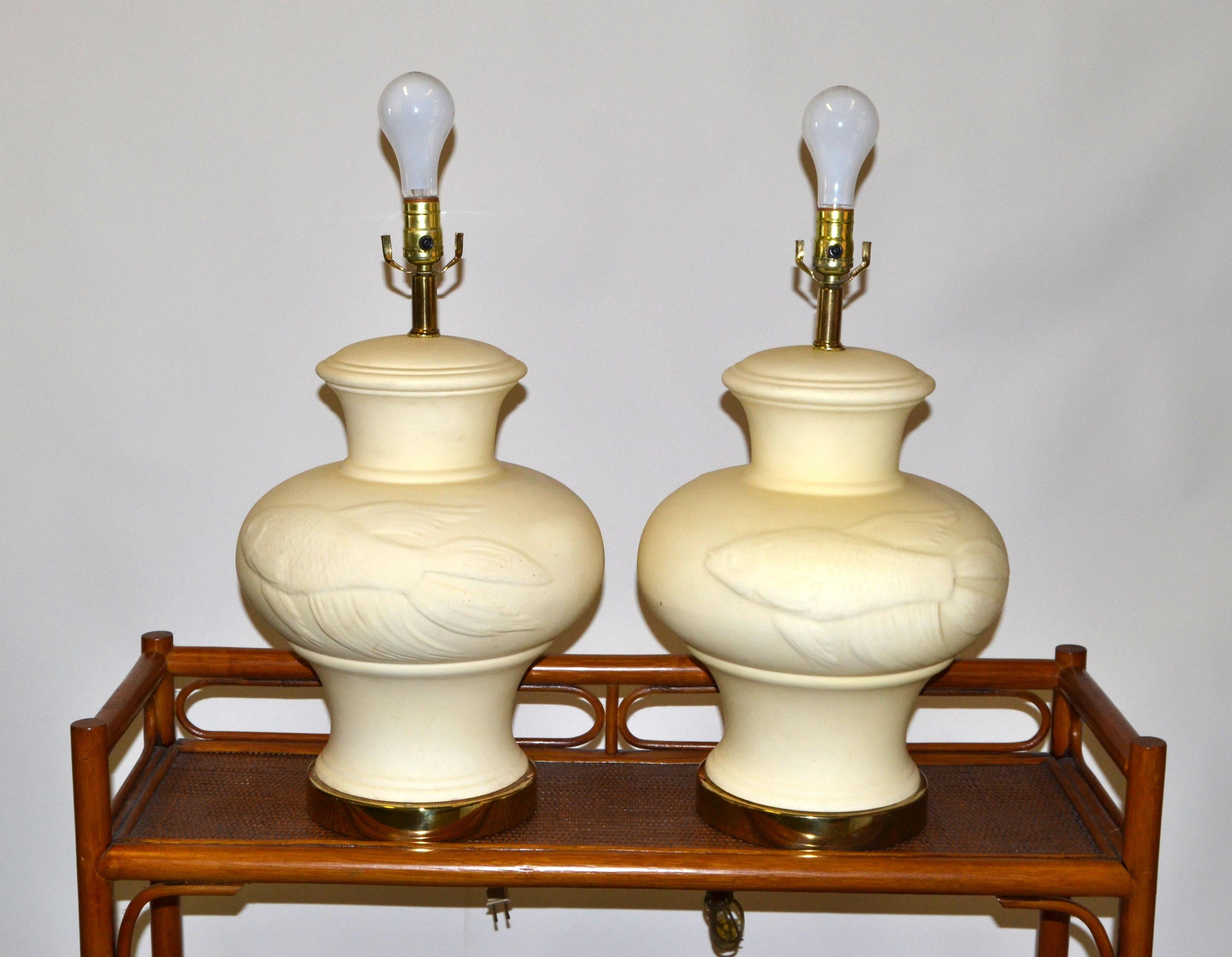 1970 Chinese Inspired Beige Ceramic & Brass Table Lamps with Koi Fish Image Pair For Sale 3