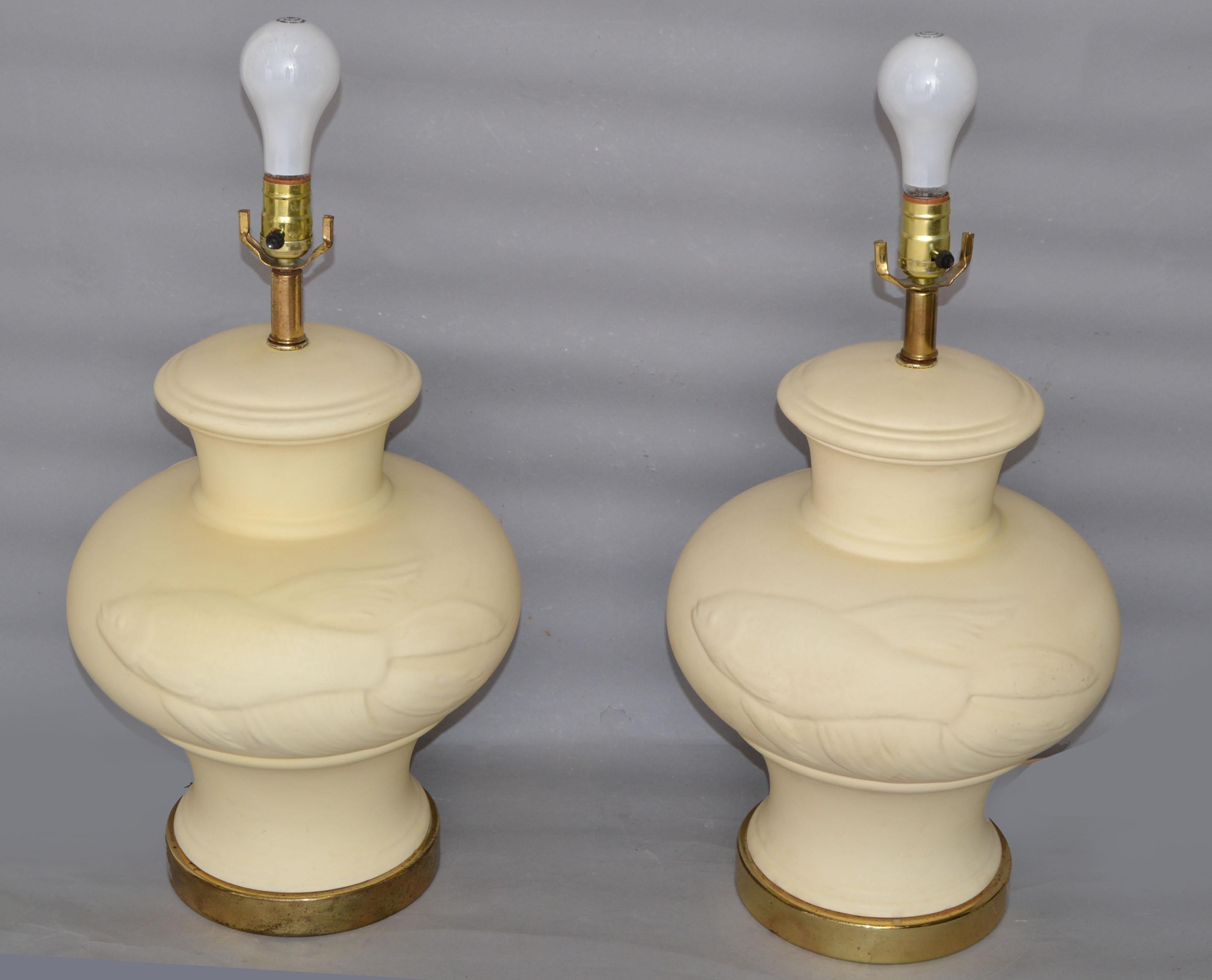 1970 Chinese Inspired Beige Ceramic & Brass Table Lamps with Koi Fish Image Pair For Sale 4