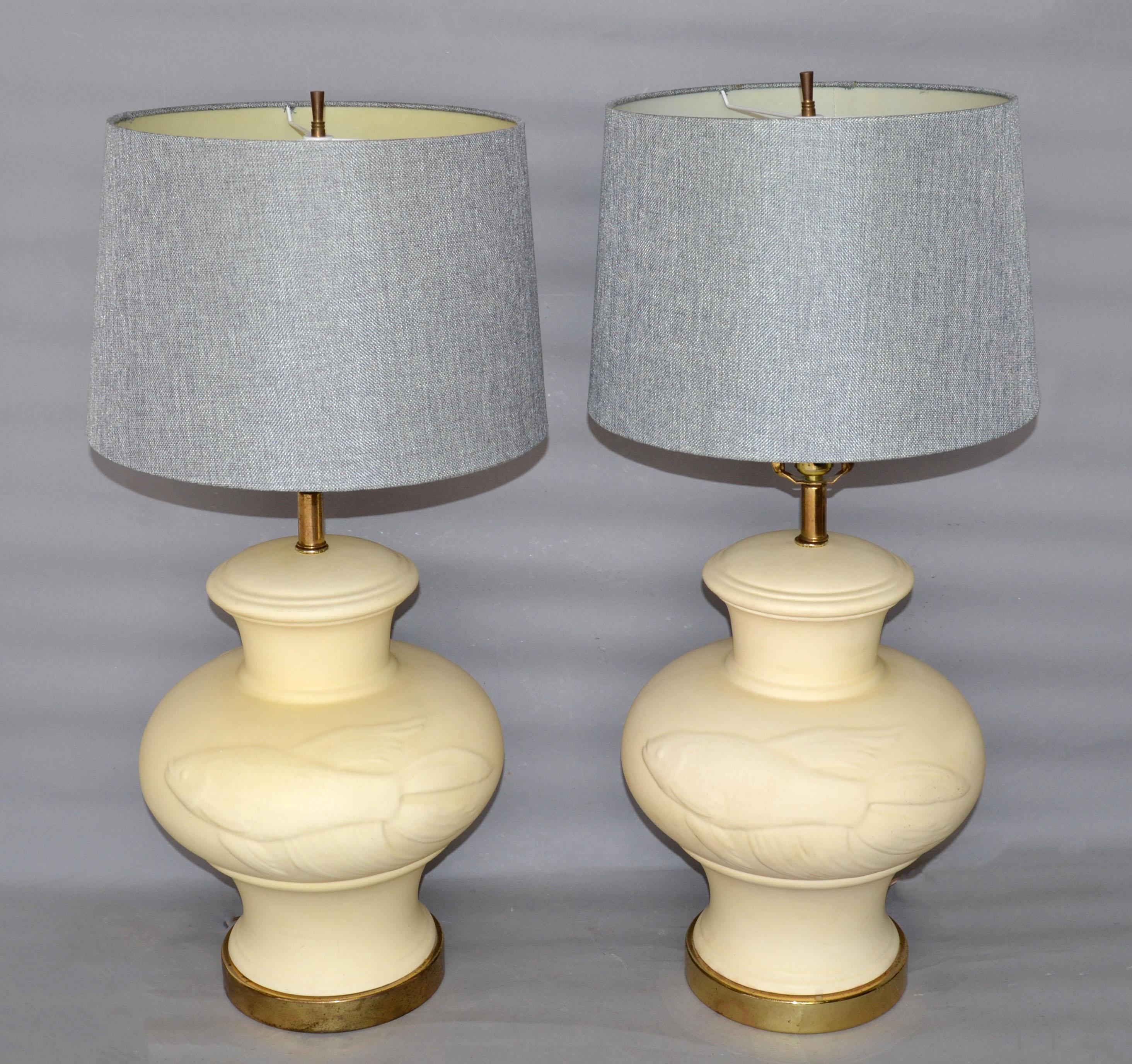 1970 Chinese Inspired Beige Ceramic & Brass Table Lamps with Koi Fish Image Pair For Sale 5