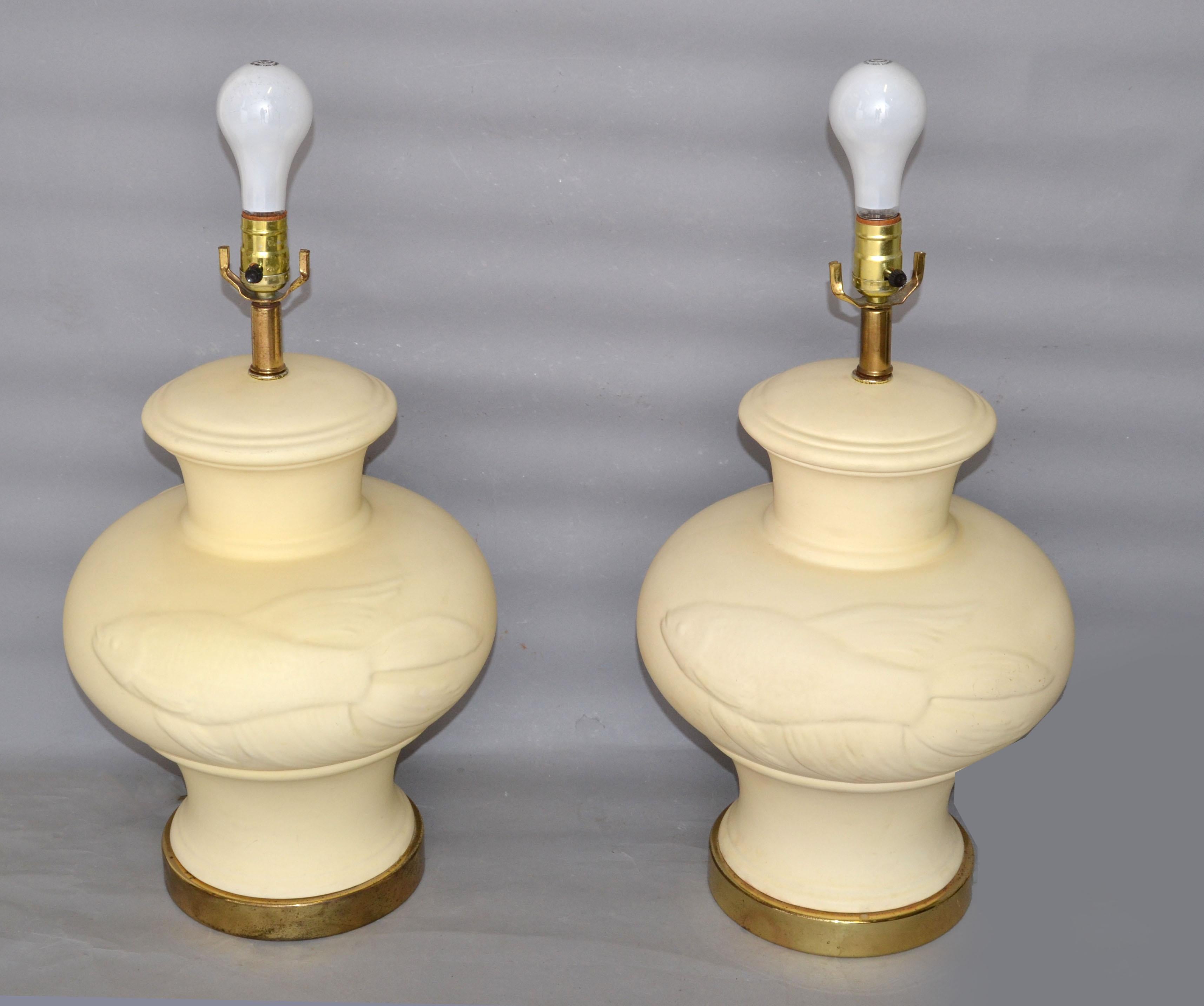 Hand-Crafted 1970 Chinese Inspired Beige Ceramic & Brass Table Lamps with Koi Fish Image Pair For Sale