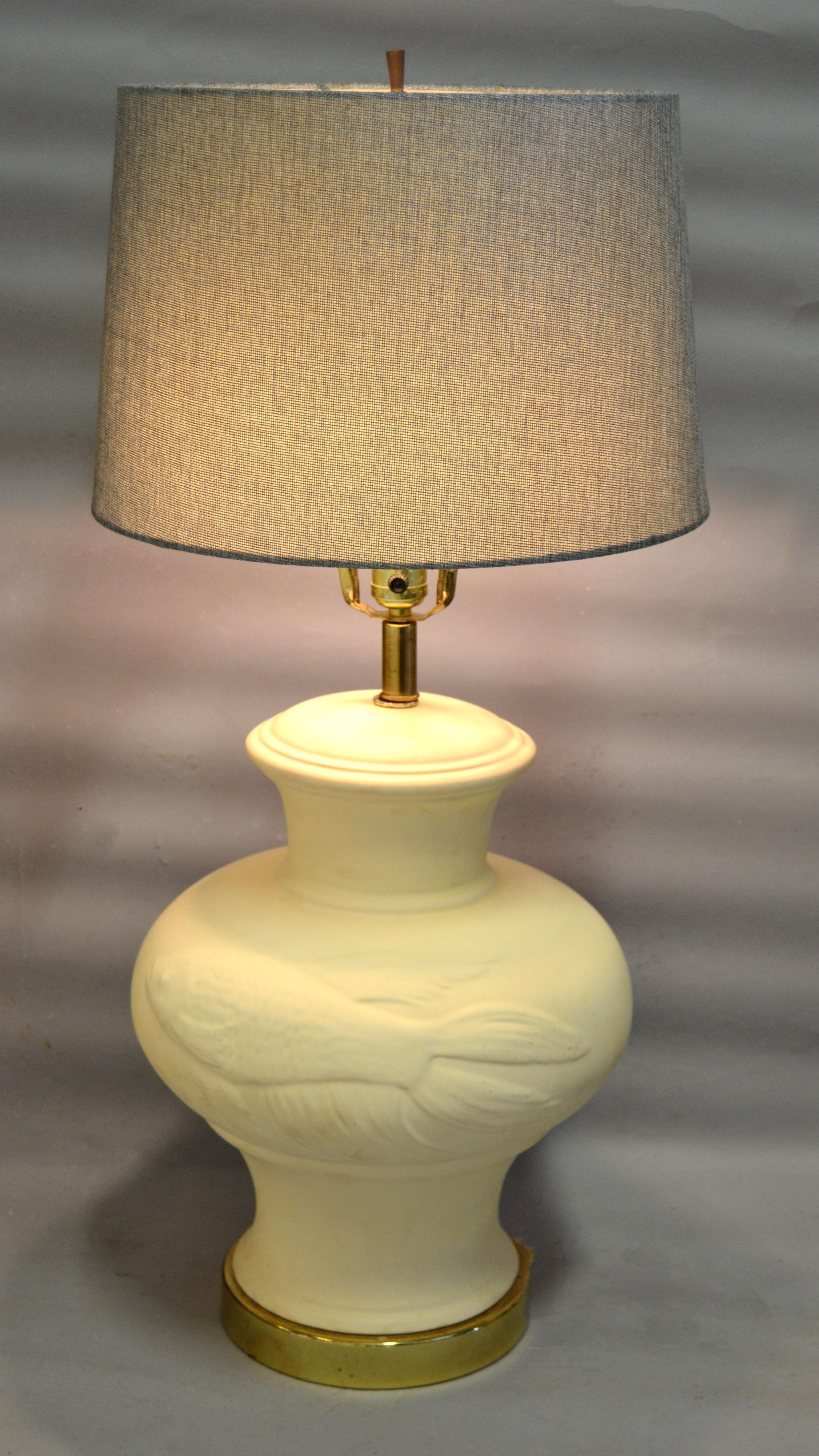 1970 Chinese Inspired Beige Ceramic & Brass Table Lamps with Koi Fish Image Pair In Good Condition For Sale In Miami, FL