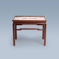 Chinese inspired mahogany coffee table with tiles in white, green, blue nuances
