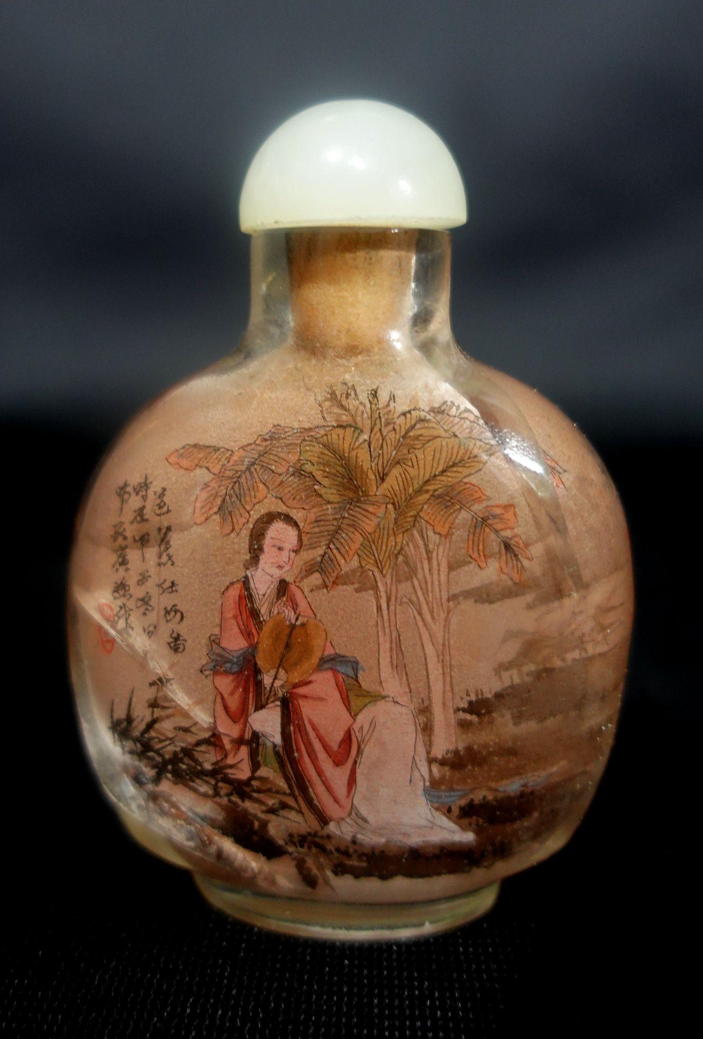 Chinesische interior bemalte Schnupftabakflasche aus Glas, signiert mit Kalligrafie, um 1864 im Zustand „Gut“ im Angebot in Norton, MA