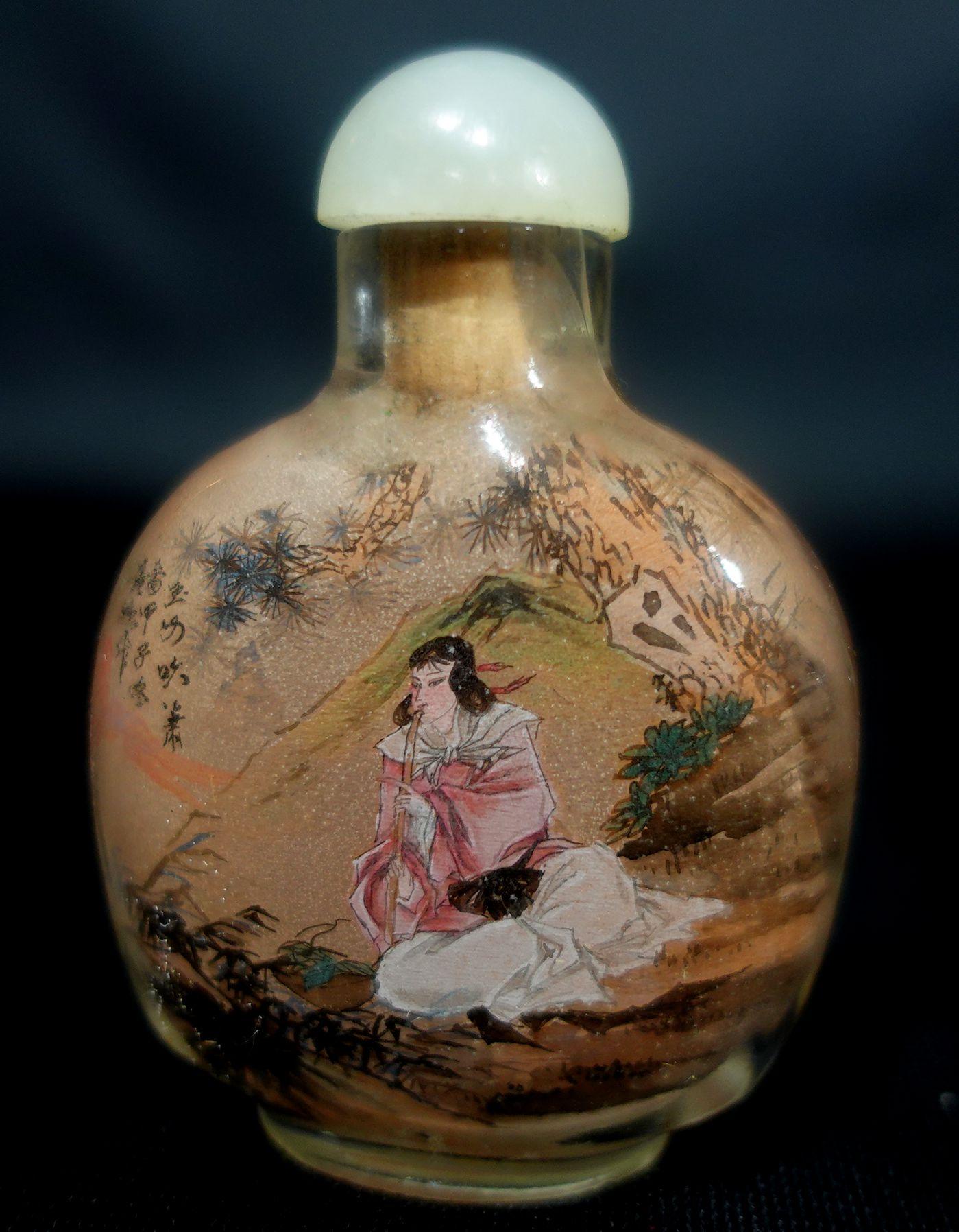 19th Century Chinese Interior-Painted Glass Snuff Bottle, Signed with Calligraphy , C. 1864 For Sale