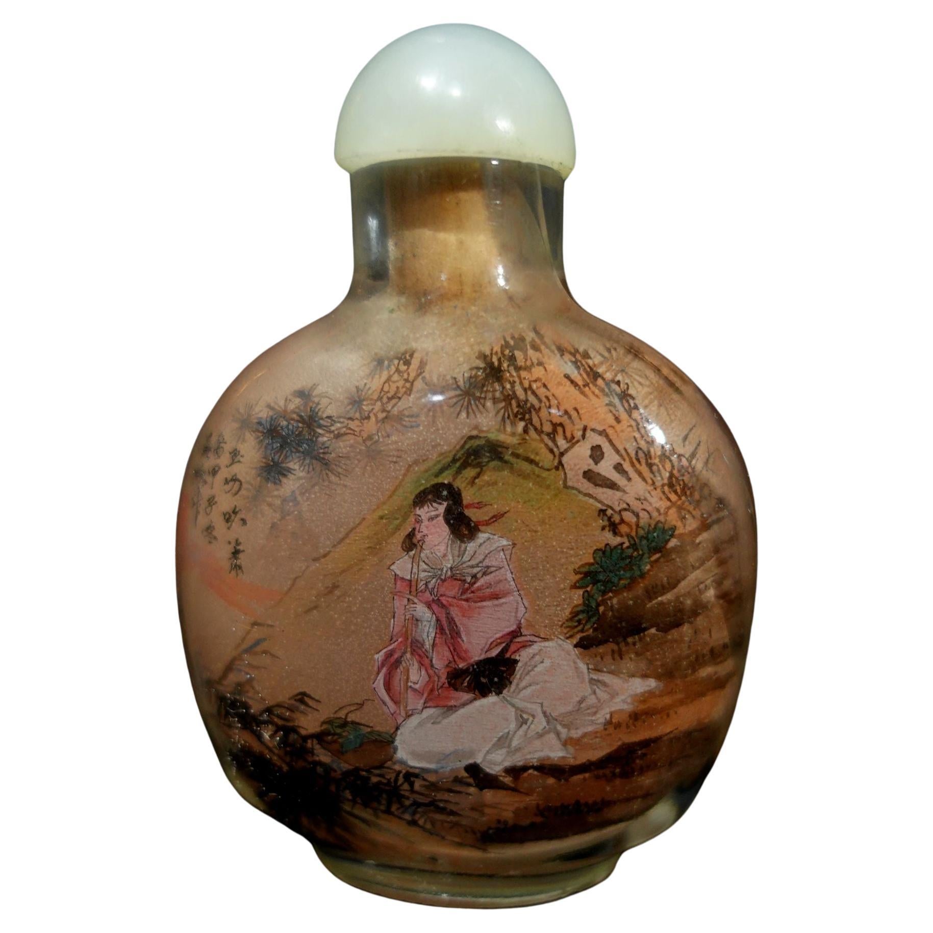 Chinesische interior bemalte Schnupftabakflasche aus Glas, signiert mit Kalligrafie, um 1864 im Angebot