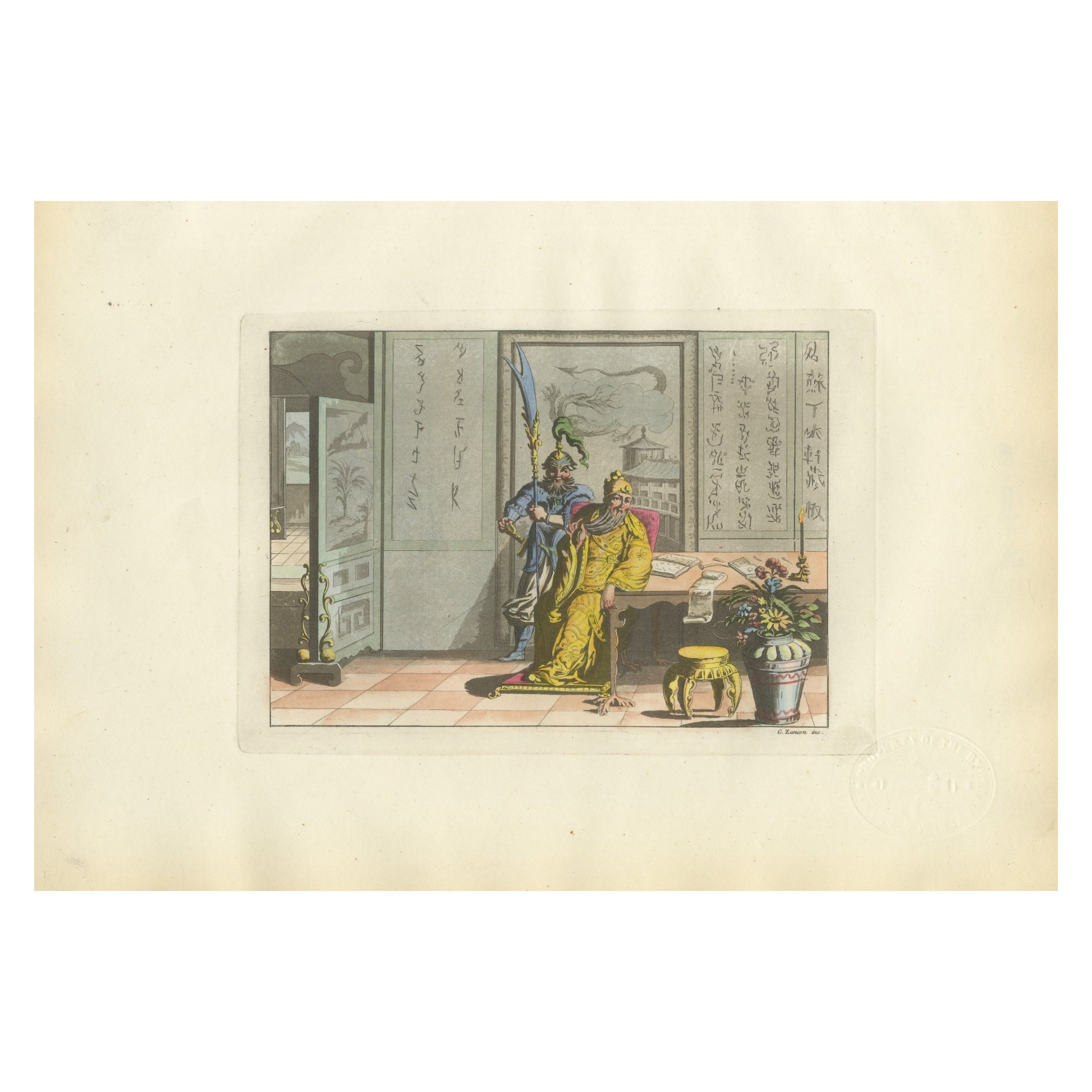 Chinese Interior Scene with Official and Guard – Ferrario Costume Series, 1815 For Sale